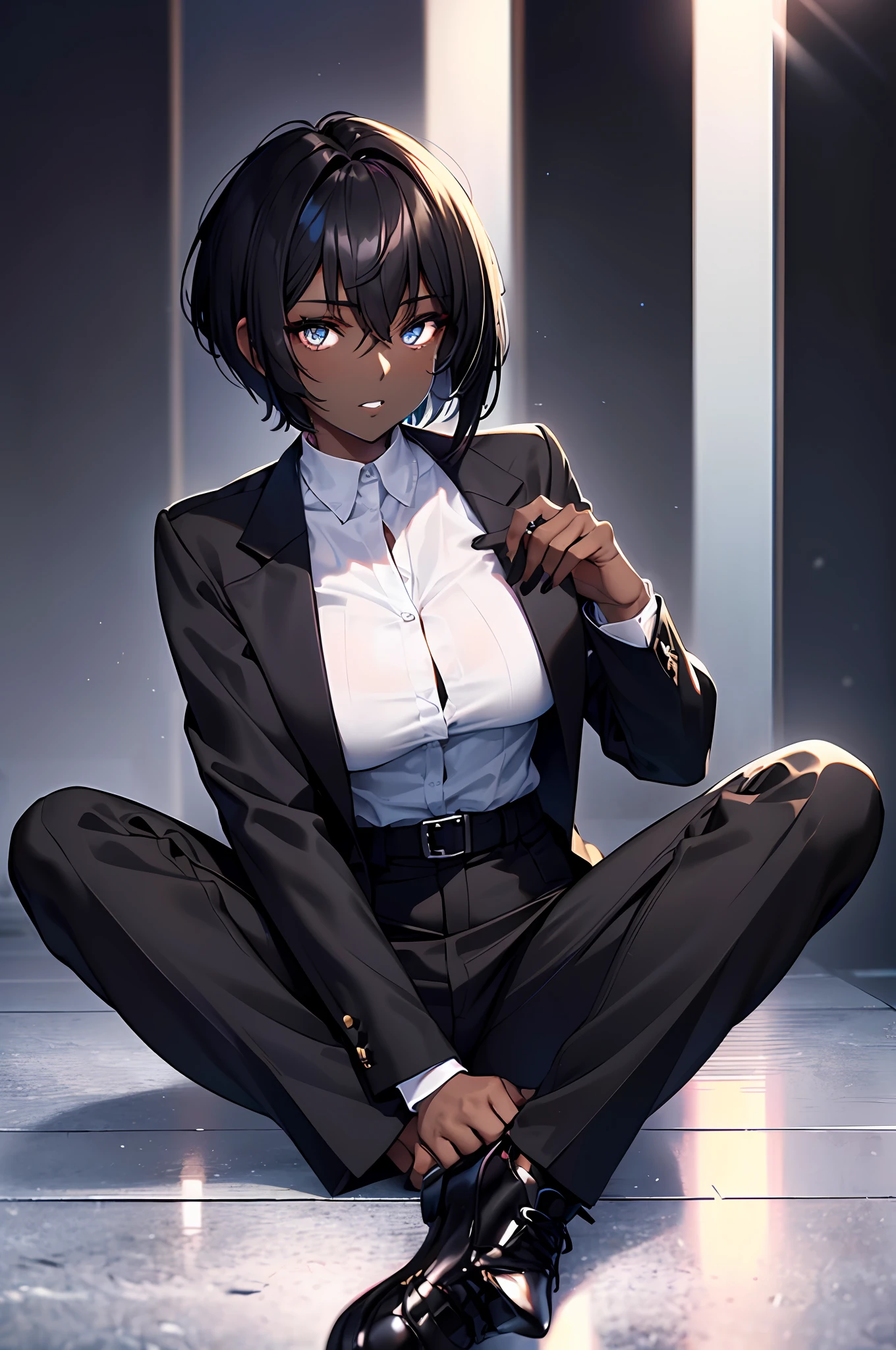 Highest Quality, ​masterpiece, unbelievably beautiful, very delicate 8k wallpaper, Transcendently Beautiful Girl, (beautifully detailed eyes), (Black gal, Dark skin:1.5), BREAK, (pixie cut hair:1.3), (Black hair, short shaved sides, very short back, very short side, under cut, side cut:1.3), BREAK, Flat_Chest, Huge_breasts, wide_lower back, grin, long eyelashes, makeup, BREAK, (Five Fingers, 4fingers and 1thumb), Office Lady, business attire, (office lady in pants style business suit), sitting,
