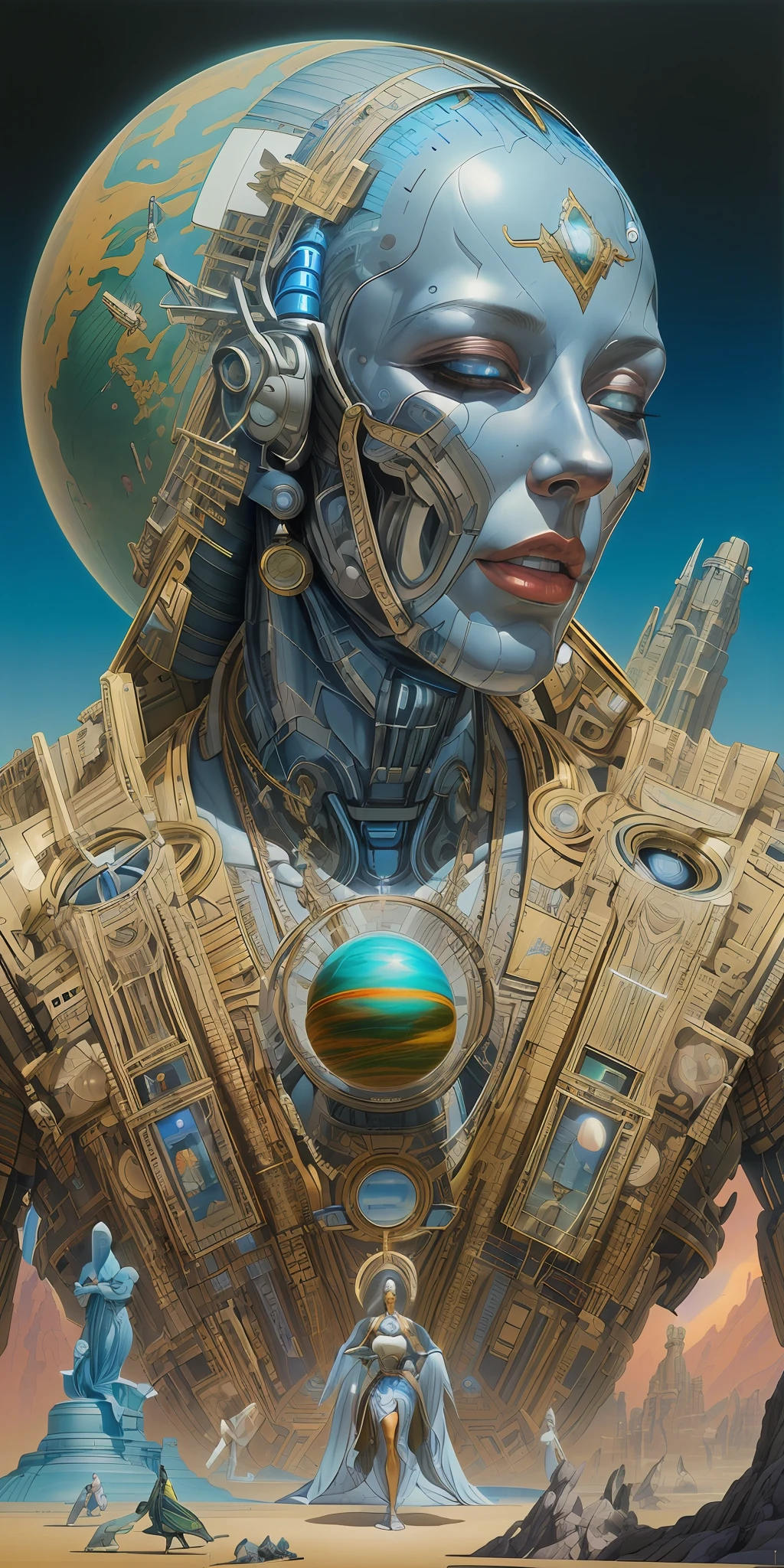 painting of a man with a futuristic head and a planet in the background, greg beeple, goddess. extremely high detail, peter mohrbacher highly detailed, detailed portrait of a cyborg, peter mohrbacher donato giancola, hyperdetailed | donato giancola, moebius and mohrbacher, extremely detailed goddess shot