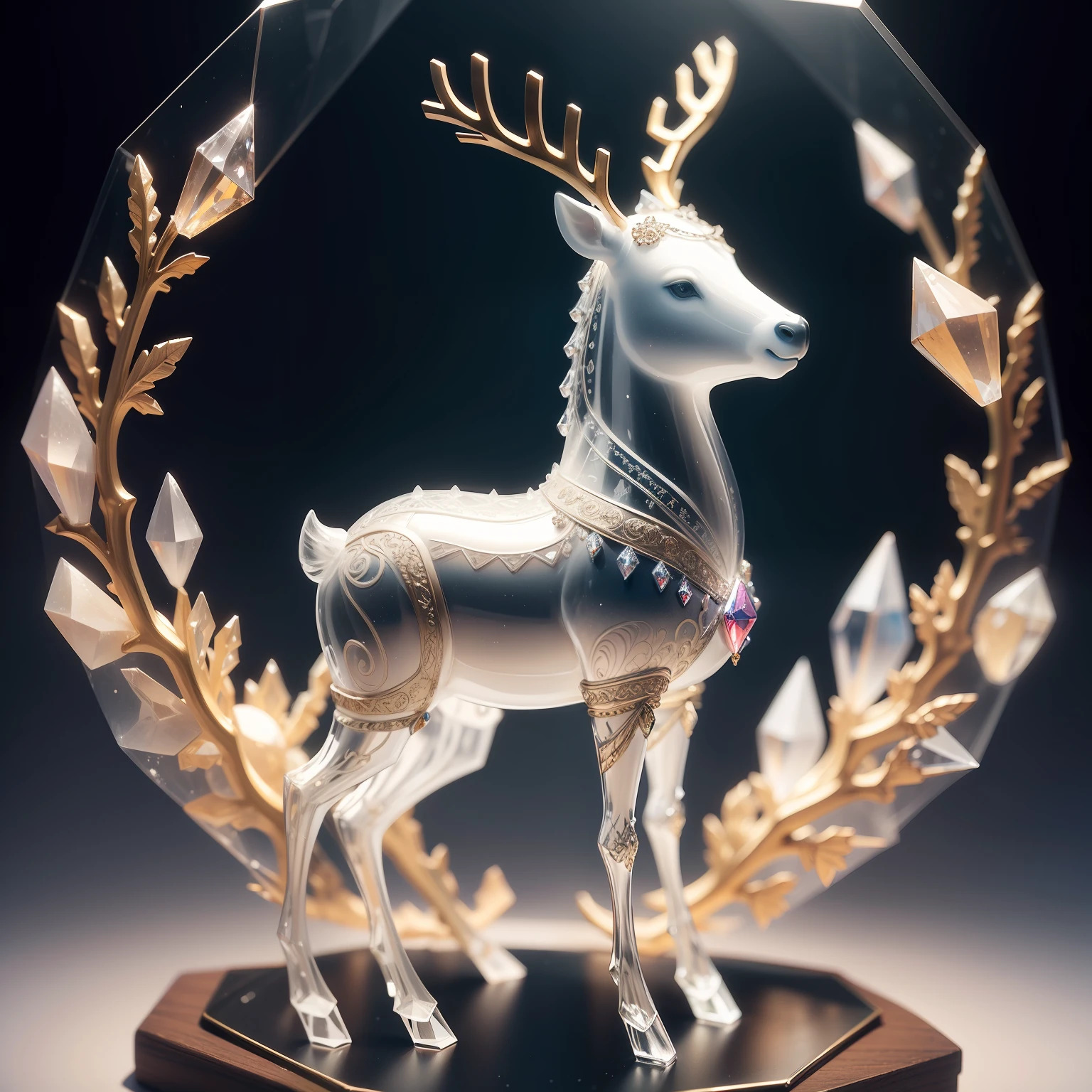 Reindeer figurine, hyper-realistic, intricate crystal jelly, ornate, extremely detailed and realistic, 🦑 design, acrylic, made of clear plastic, full body close-up shot, side view, intricate details, beautiful, detailed shot, close-up profile view, elaborately detailed, frosting