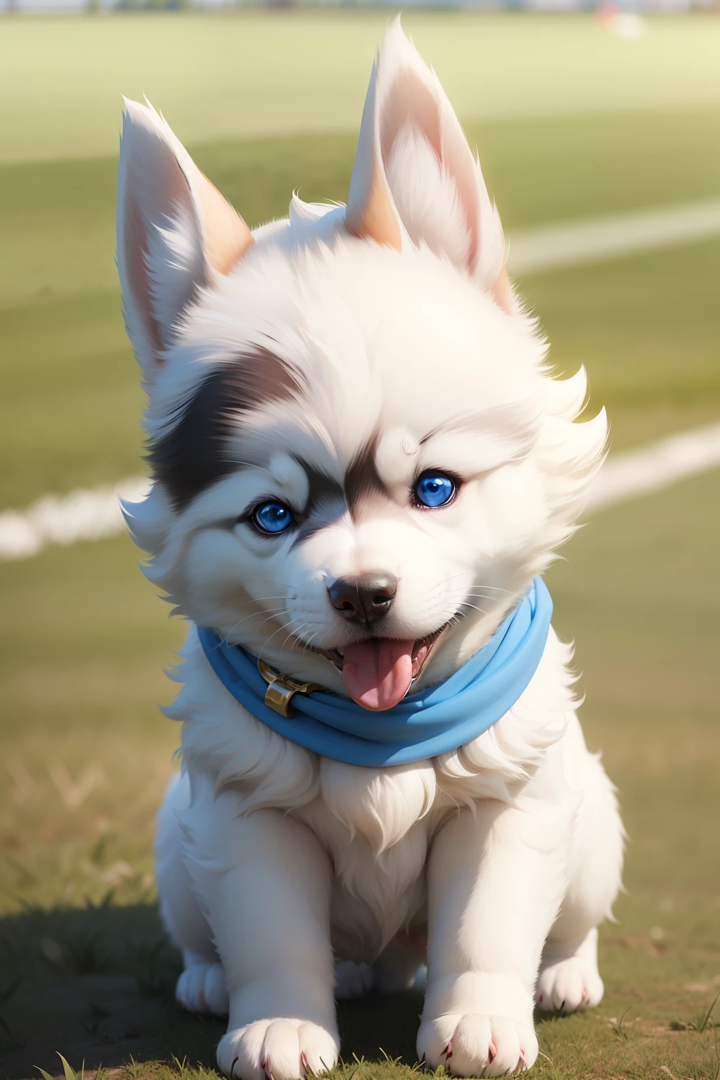 Imagine a captivating scenario,Husky puppies frolic happily in a vast football field。This puppy is so cute,The furry white coat and striking blue eyes exude innocence and curiosity。Its ears stand tall,Shows its alertness to its surroundings。Colorful flowers create a picturesque backdrop,It adds a touch of interest to the scene。The puppy's tongue sticks out slightly,It gives it a flattering and playful look。