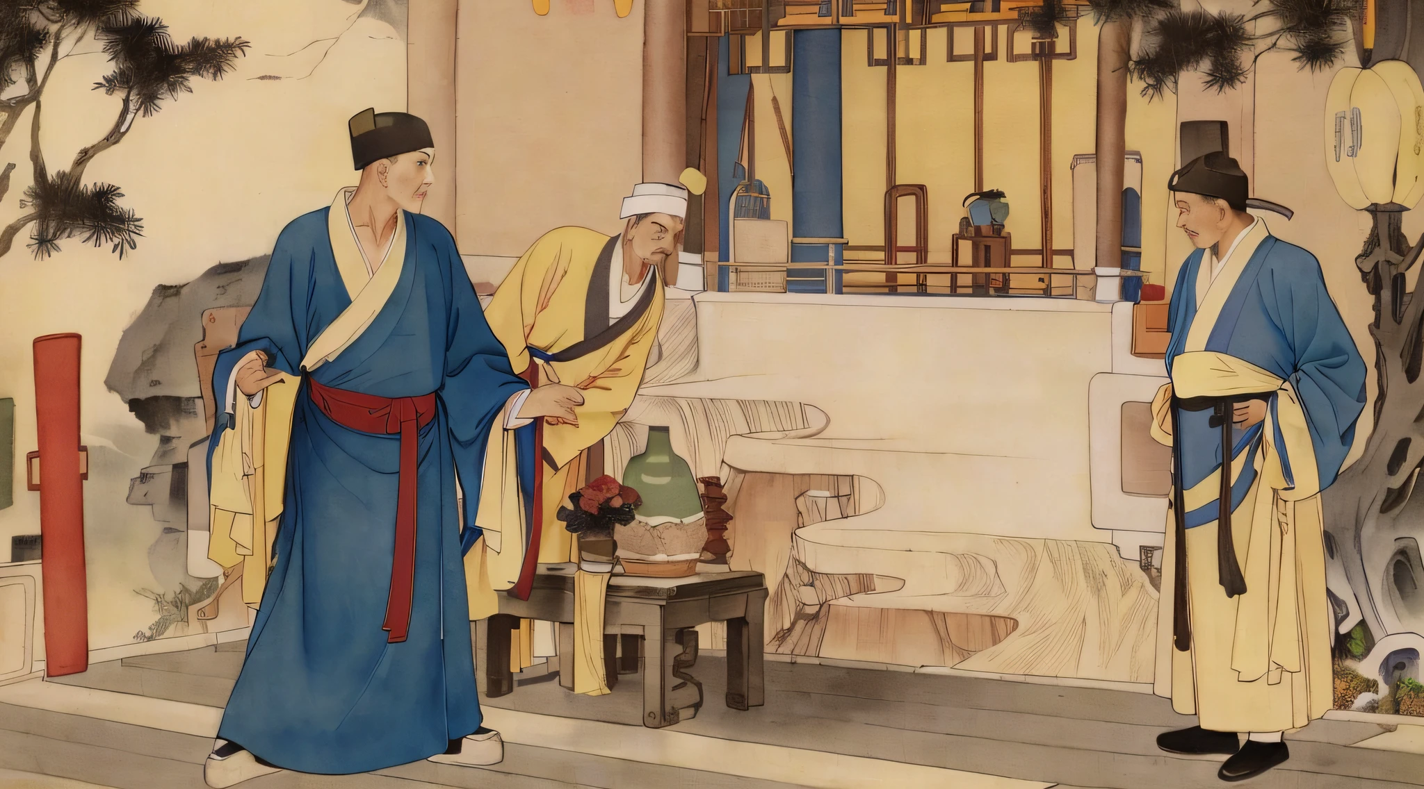 ((Best quality)), ((Masterpiece)), (Detailed), the sideview,A man dressed in yellow puts a pear in the hands of a Taoist priest,The Taoist priest wears dark blue robes,are standing,The robe was tattered,bazaars(Scenario description)