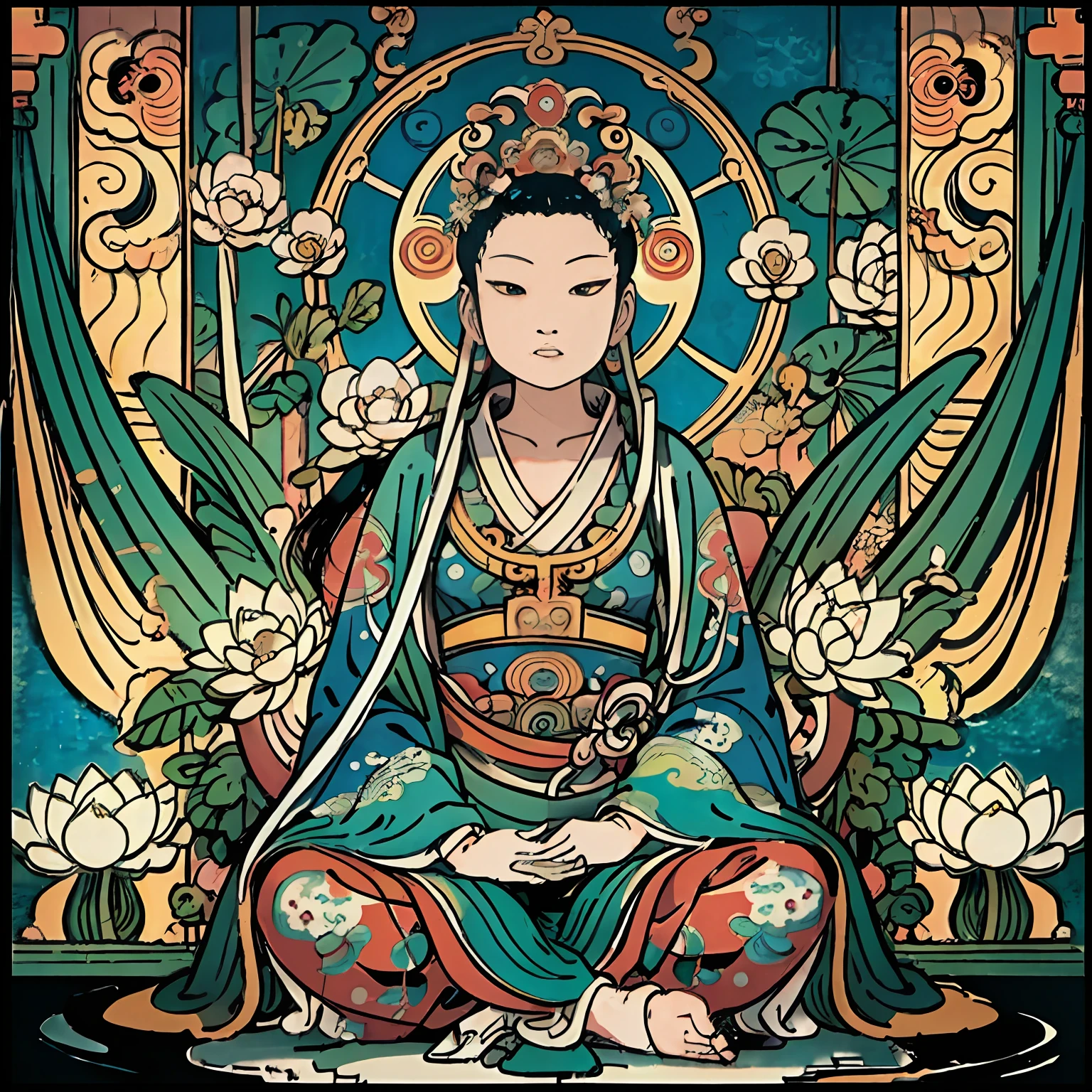 Guanyin sits on a lotus throne, Guanyin Bodhisattva, Avalokitesvara, lotus flowers in the foreground, Clear fingers, Clear and distinctive toes, Clear and vivid facial features,jewelry, leafs,Oriental dragon in the background