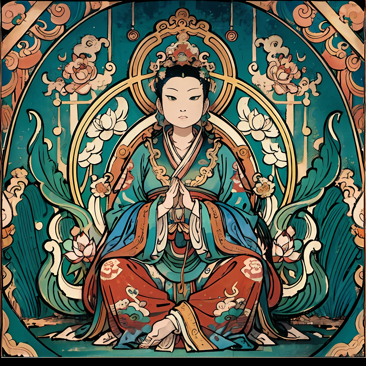 Guanyin sits on a lotus throne, Guanyin Bodhisattva, Avalokitesvara, lotus flowers in the foreground, Clear fingers, Clear and distinctive toes, Clear and vivid facial features,jewelry, leafs,Oriental dragon in the background