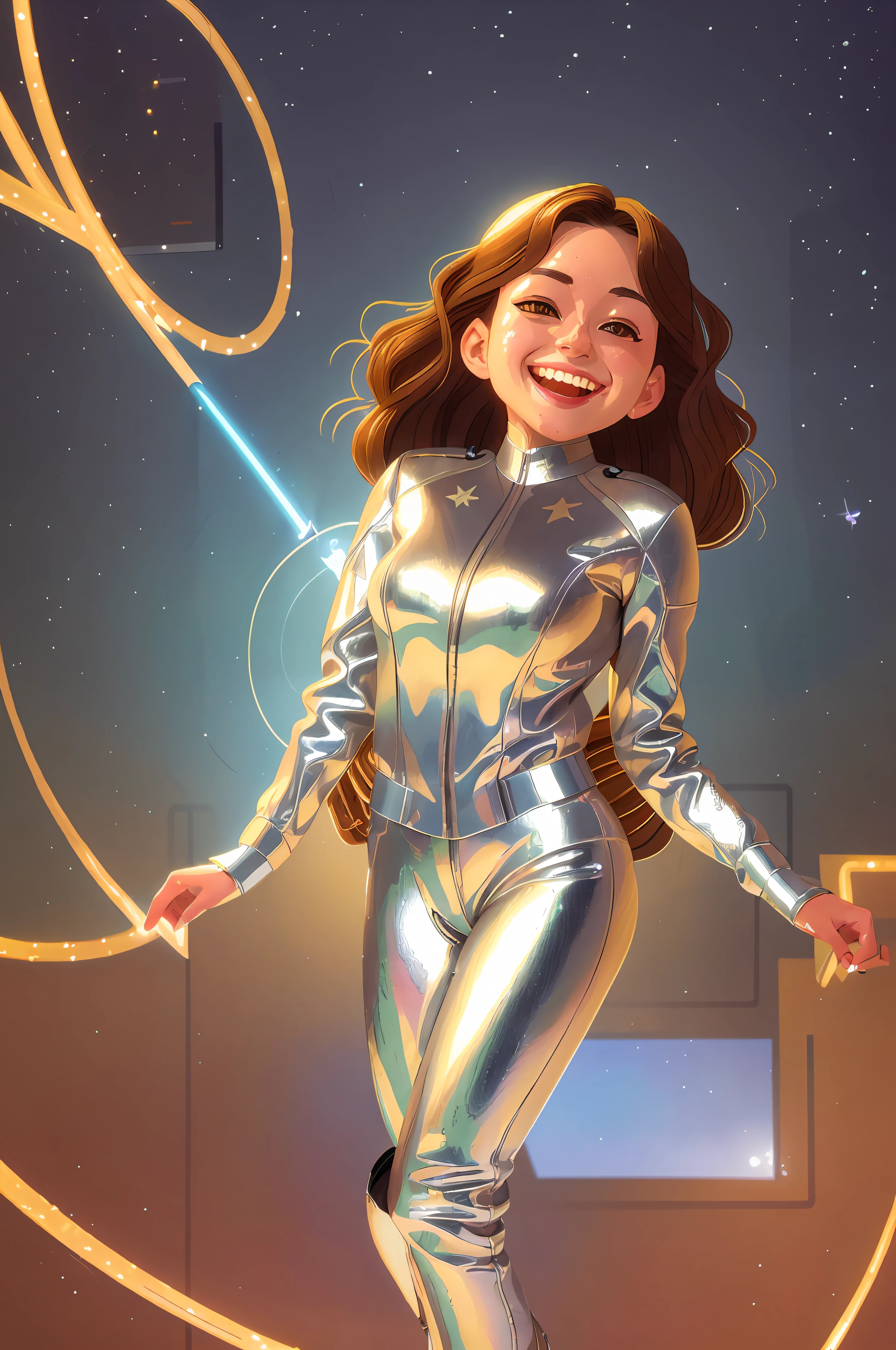 a Sorayama Style, metallic skin, beautiful wavy hair, 8k portrait of a squadron girl wearing chrome jacket, star wars, smiling showing teeth, award winning, masterpiece, sorayama illustration, ornamental