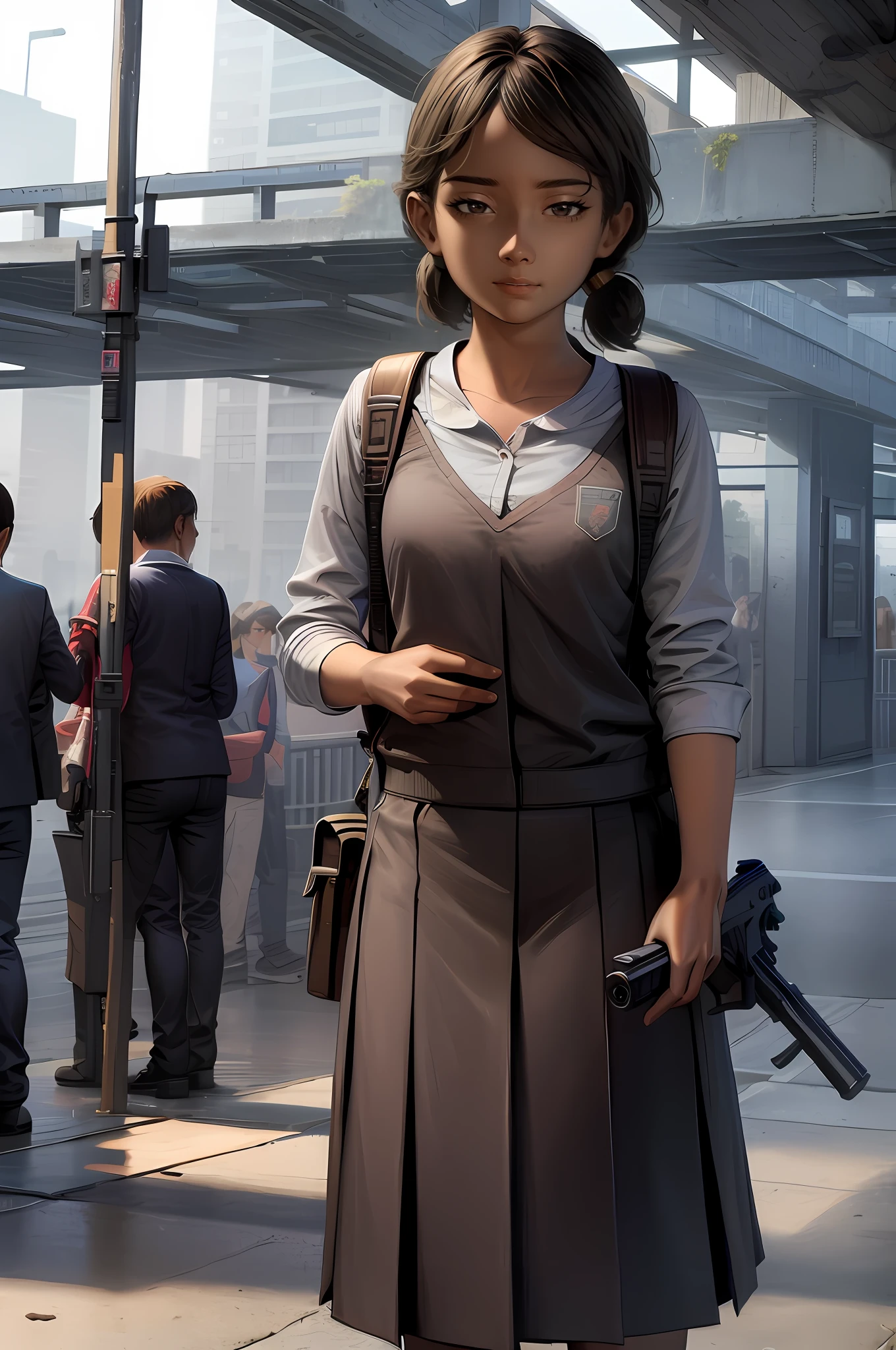 ((masterpiece, best quality)), solo ,1girl, clementine, dark skin, school uniform, shoulder length hair, backpack, 9mm gun, train station