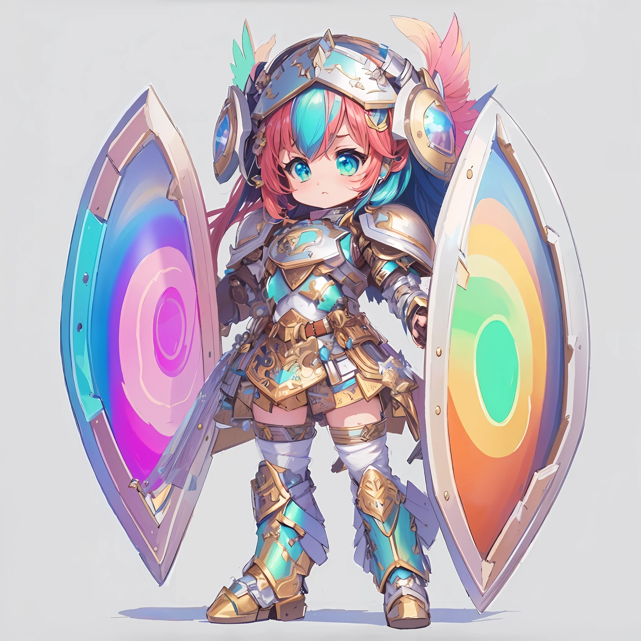 Close-up of a shield and a person holding a shield, armor girl, Dressed in light armor, Advanced Digital Chibi Art, warrior character design, Light armor, Wearing armor!!, valkyrie style character, colorful concept art, in opal armor, 8k high quality detailed art, cute character, character art of maple story, Colorful! Character Design, angel knight girl