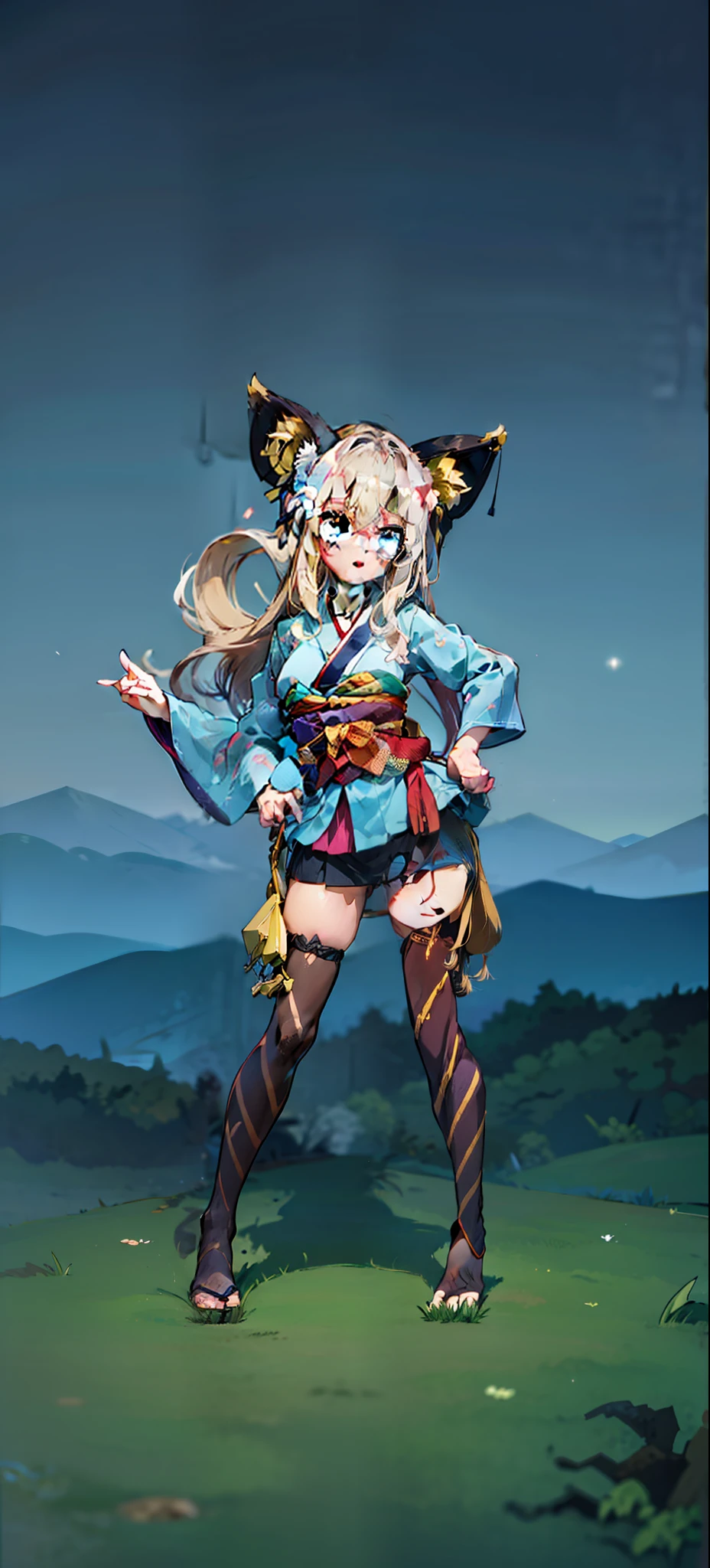 (absurdres, highres, ultra detailed), close-up of face, emphasis on face, focus on face, one woman, mature woman, aged, long straight hair, shiny beautiful hair, blue eyes, bangs, long sleeves, finely drawn eyes and detailed face, eye highlights, hands without breaks, rich lighting, pale pink lips, highly detailed CG unified 8K wallpaper, intricate details, portrait, gazing, solo, half shot, finely drawn face, soft smile, dynamic pose, classical period, (Ancient Japanese Subject: 1.1), Japanese mythology, fox ears, Japanese Ruler, Blue Kimono, Floral Kimono, Ancient Themes, (Prosperous Civilization: 1.1), Moon in background, (Immaculate: 1.1) Shrine, Torii, Japanese landscape, Ancient city in background, Fox mask, Fantastic, Dreamy, Romantic, Light dancing, Lantern, Austere, Night, Darkness, Stars, Portrait, Cinematic lighting, Flower hair ornament, Dating, cherry blossom.
