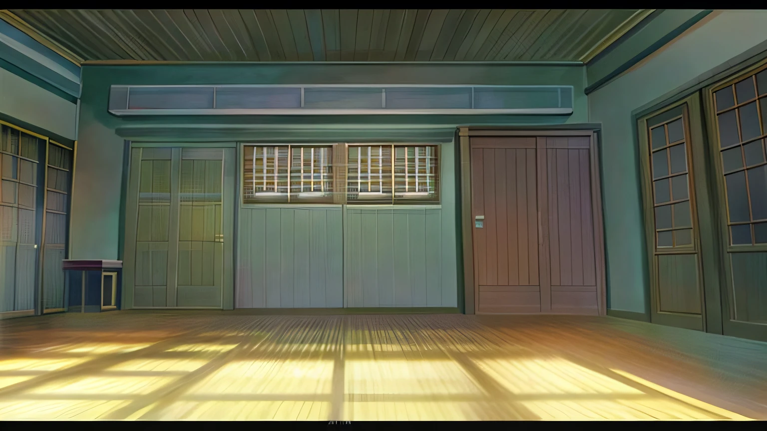 Anime scene of a room with doors and tables, bedroom in studio ghibli, style of madhouse studio anime, studio ghibli sunlight, ghibli spirited away vibe, anime movie backgrounds, Ghibli Studio Environment, Anime background art, anime scene, Makoto Shinkai's style, cinematic studio ghibli still, ( ( Makoto Shinkai ) ), In Studio Ghibli style