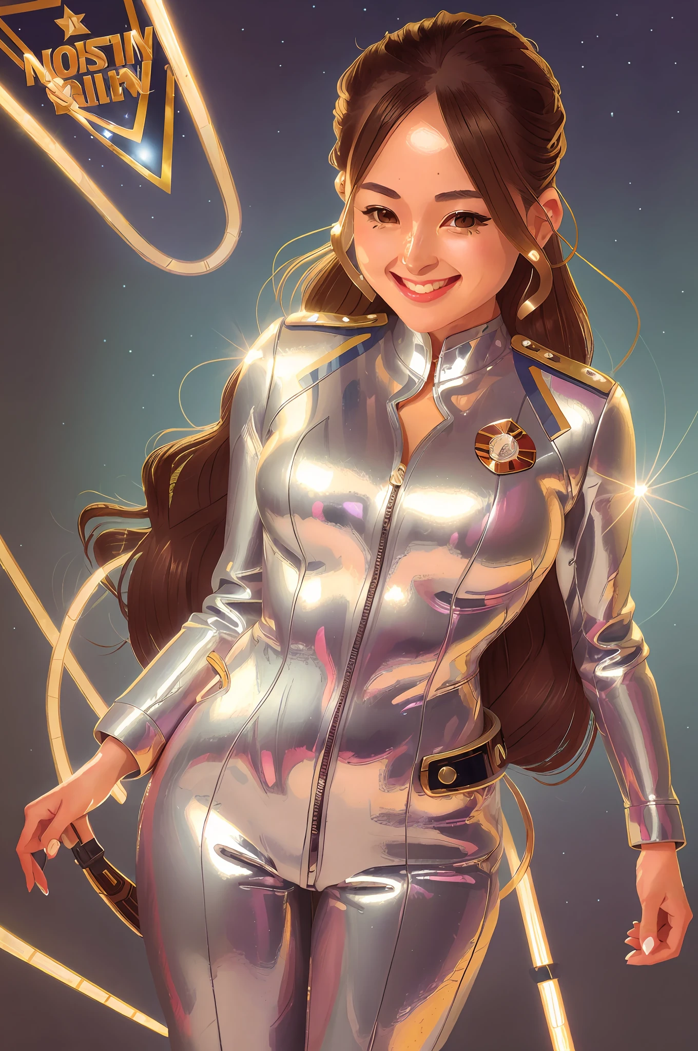 a Sorayama Style, metallic skin, beautiful wavy hair, 8k portrait of a squadron girl wearing chrome jacket with badges and lapels, star wars, smiling showing teeth, award winning, masterpiece, sorayama illustration, ornamental