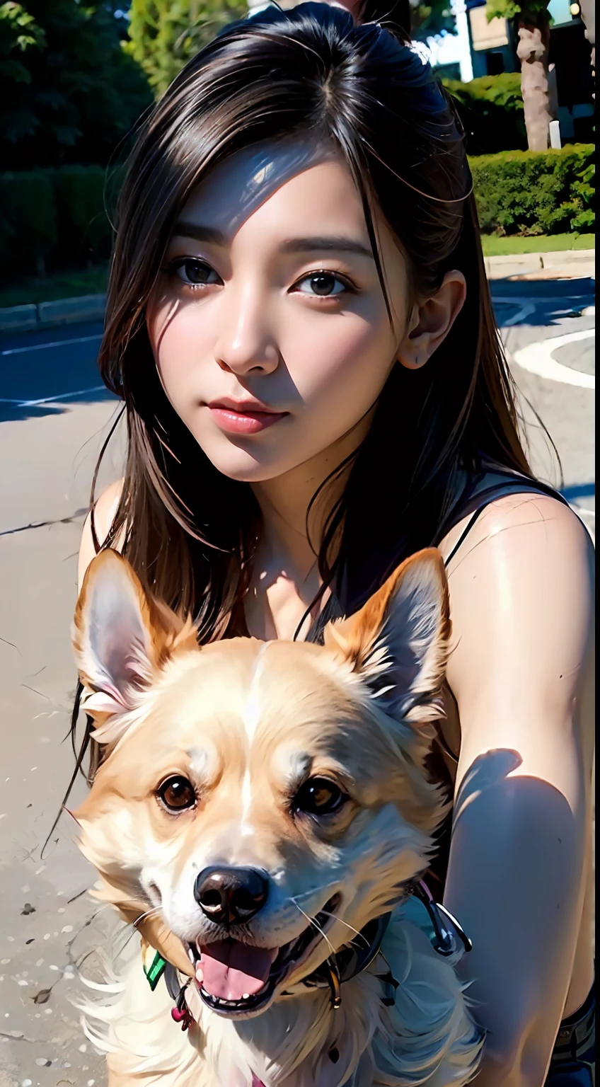 (((Transcendent Realistic Shadows、Transcendent realistic unevenness、Beautuful Women、Transcendently well-groomed face、gals、Dog walking)))、