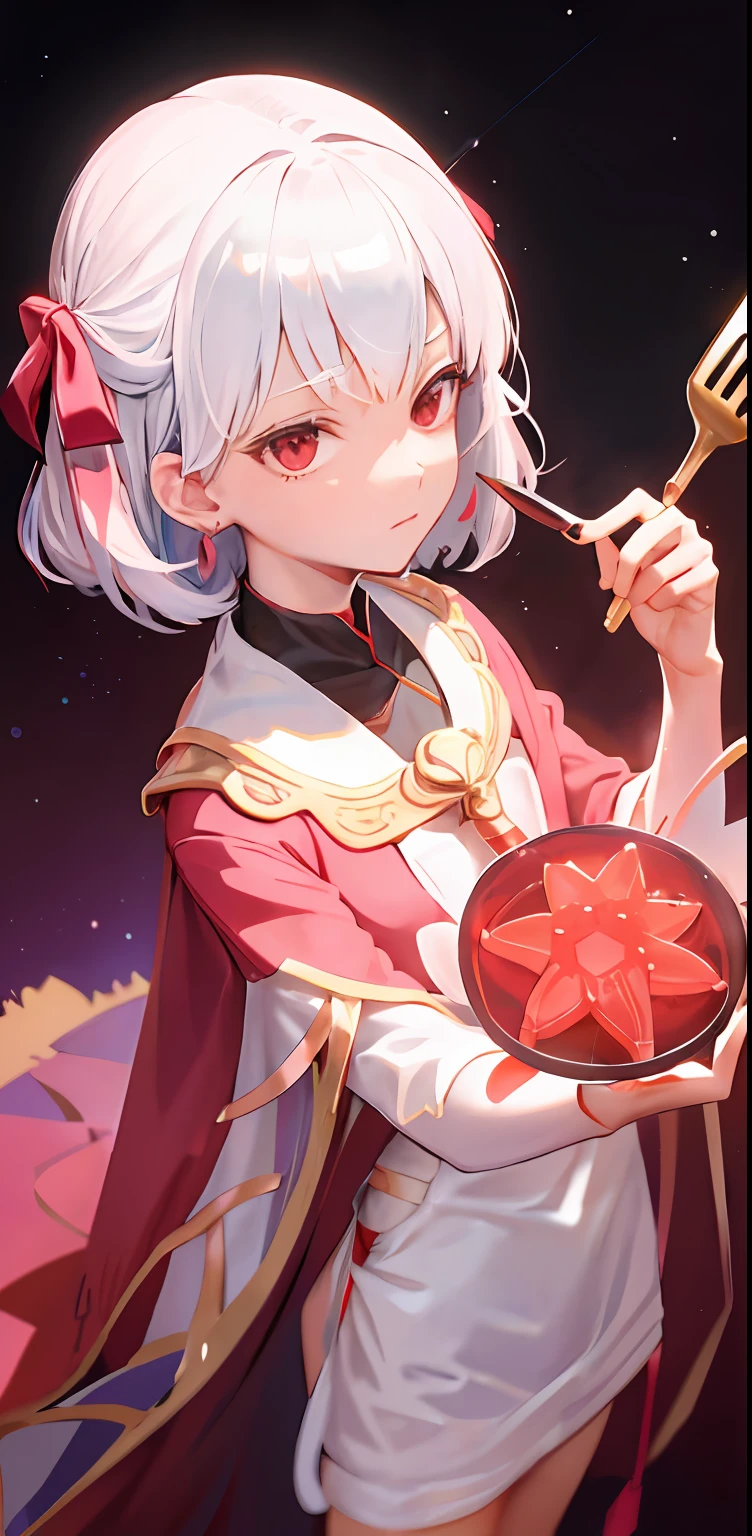 1 beautiful anime spatula priest, red and white short priest robe, hight detailed, ray tracing, space background, perfect, ultra high detailed, highly detailed face