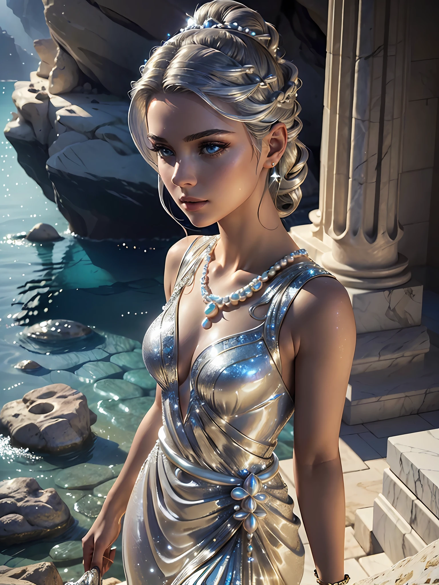 (masterpiece), (best quality), ((ultra-detailed)), (hyperrealistic), (highly detailed photo), cinematic lighting, photorealistic, extremely beautiful young lady in the marble rocks, dramatic pose, intricate detailed silver glittering ancient greek style pearl dress, shining, gloss, crisp, flirty, epic, focus, artistic, very bright, intricate hairstyle