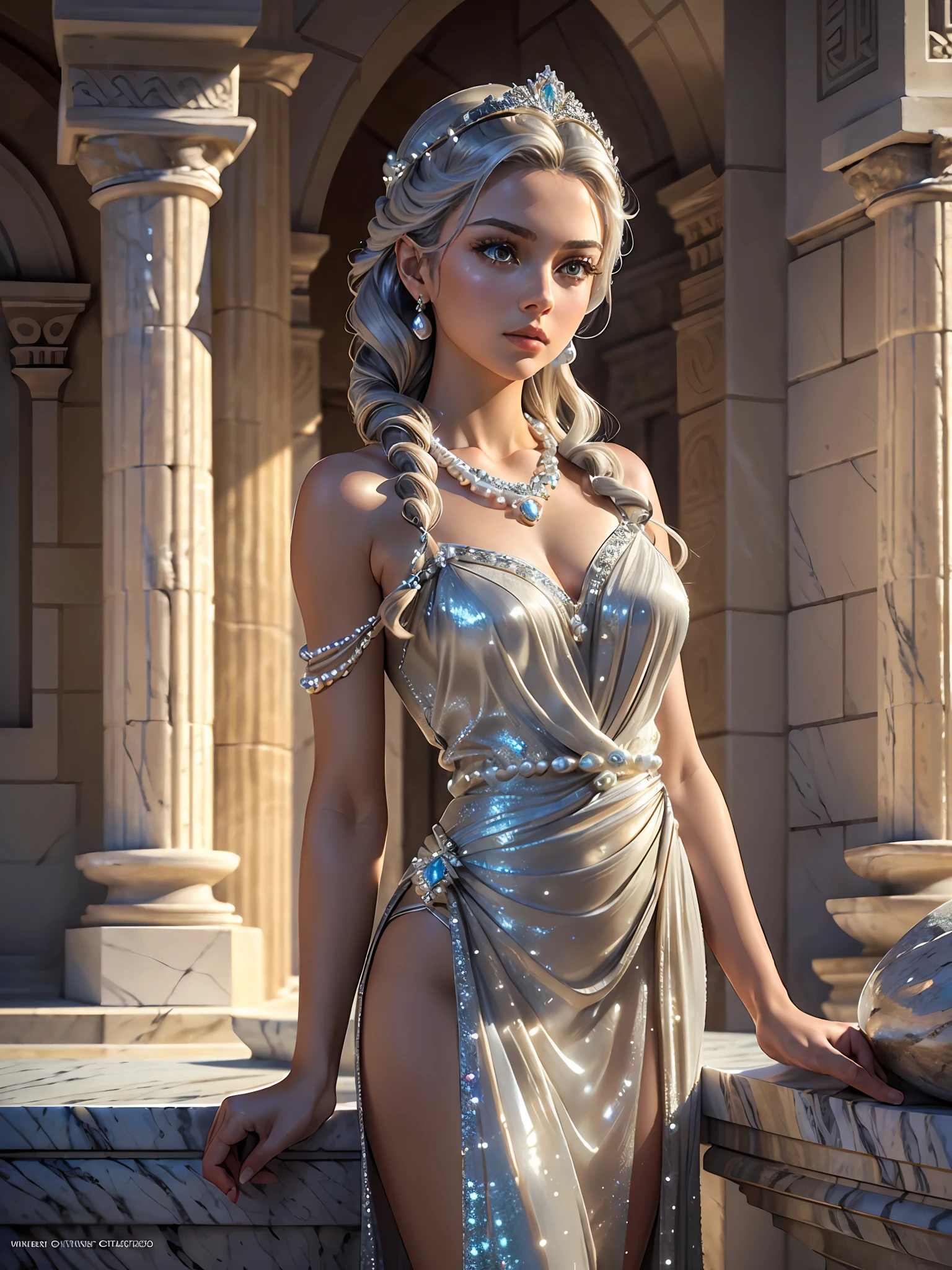 (masterpiece), (best quality), ((ultra-detailed)), (hyperrealistic), (highly detailed photo), cinematic lighting, photorealistic, extremely beautiful young lady in the marble rocks, dramatic pose, intricate detailed silver glittering ancient greek style pearl dress, shining, gloss, crisp, flirty, epic, focus, artistic, very bright, intricate hairstyle