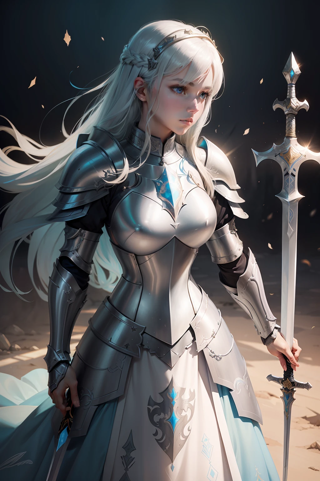 There is a drawing of a woman in armor with a sword, in opal armor, armor girl, knights of zodiac girl, cel - shaded art style, pale blue armor, colored line art, colored line art, pretty female cleric, she holds a sword, colored sketch, White armor, female cleric, Dressed in light armor, female paladin