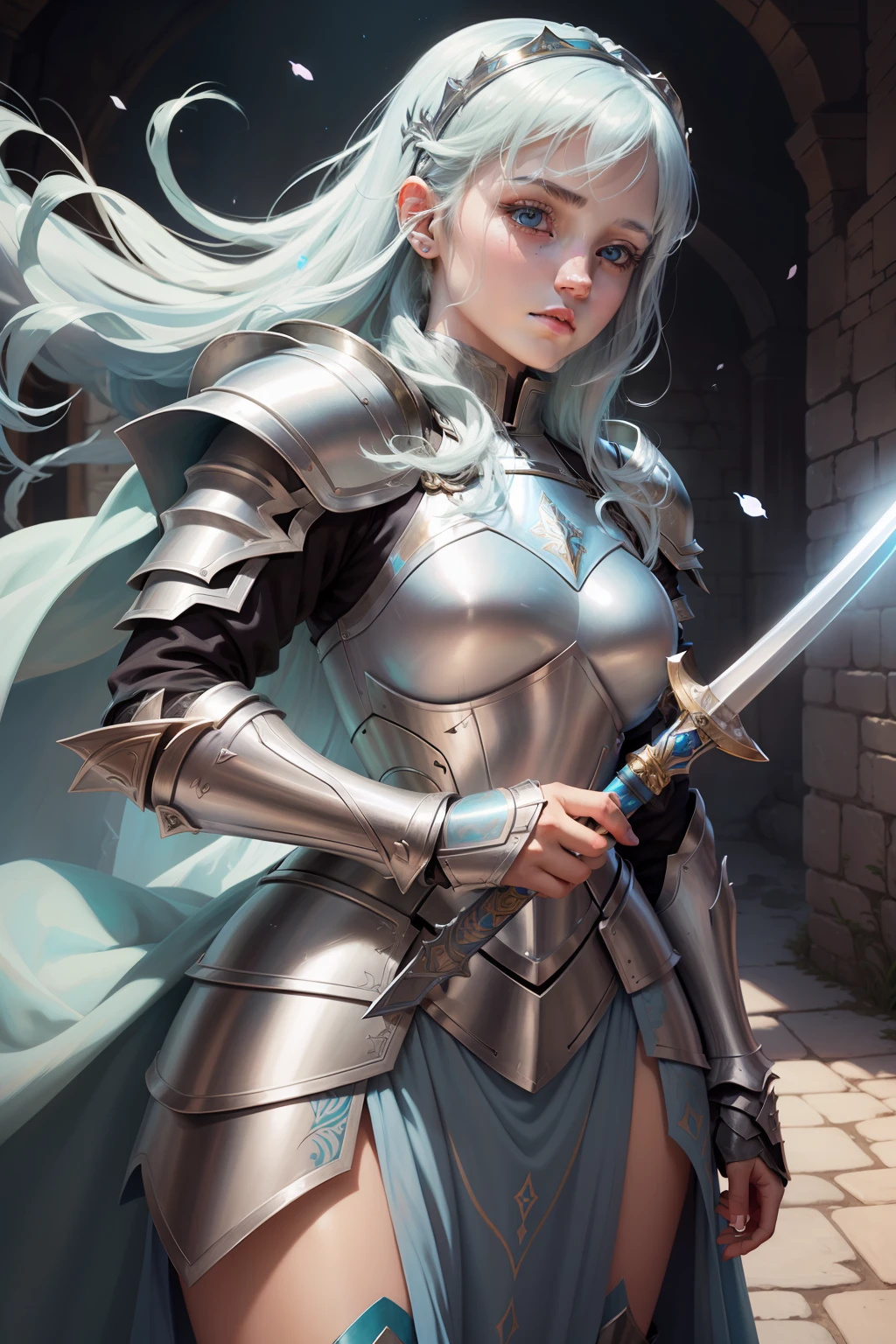 There is a drawing of a woman in armor with a sword, in opal armor, armor girl, knights of zodiac girl, cel - shaded art style, pale blue armor, colored line art, colored line art, pretty female cleric, she holds a sword, colored sketch, White armor, female cleric, Dressed in light armor, female paladin