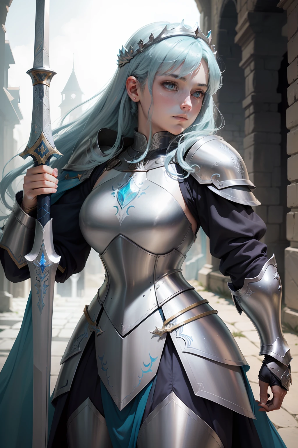 There is a drawing of a woman in armor with a sword, in opal armor, armor girl, knights of zodiac girl, cel - shaded art style, pale blue armor, colored line art, colored line art, pretty female cleric, she holds a sword, colored sketch, White armor, female cleric, Dressed in light armor, female paladin