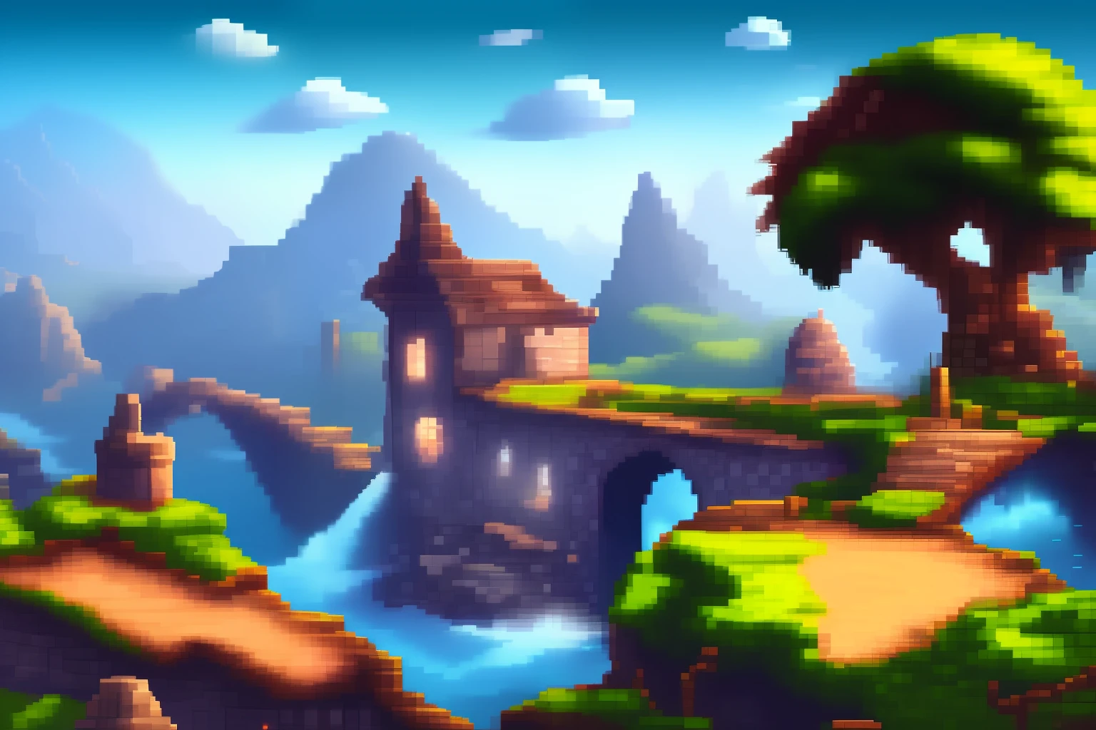 fantasy landscape, ancient city, game background, pixel art