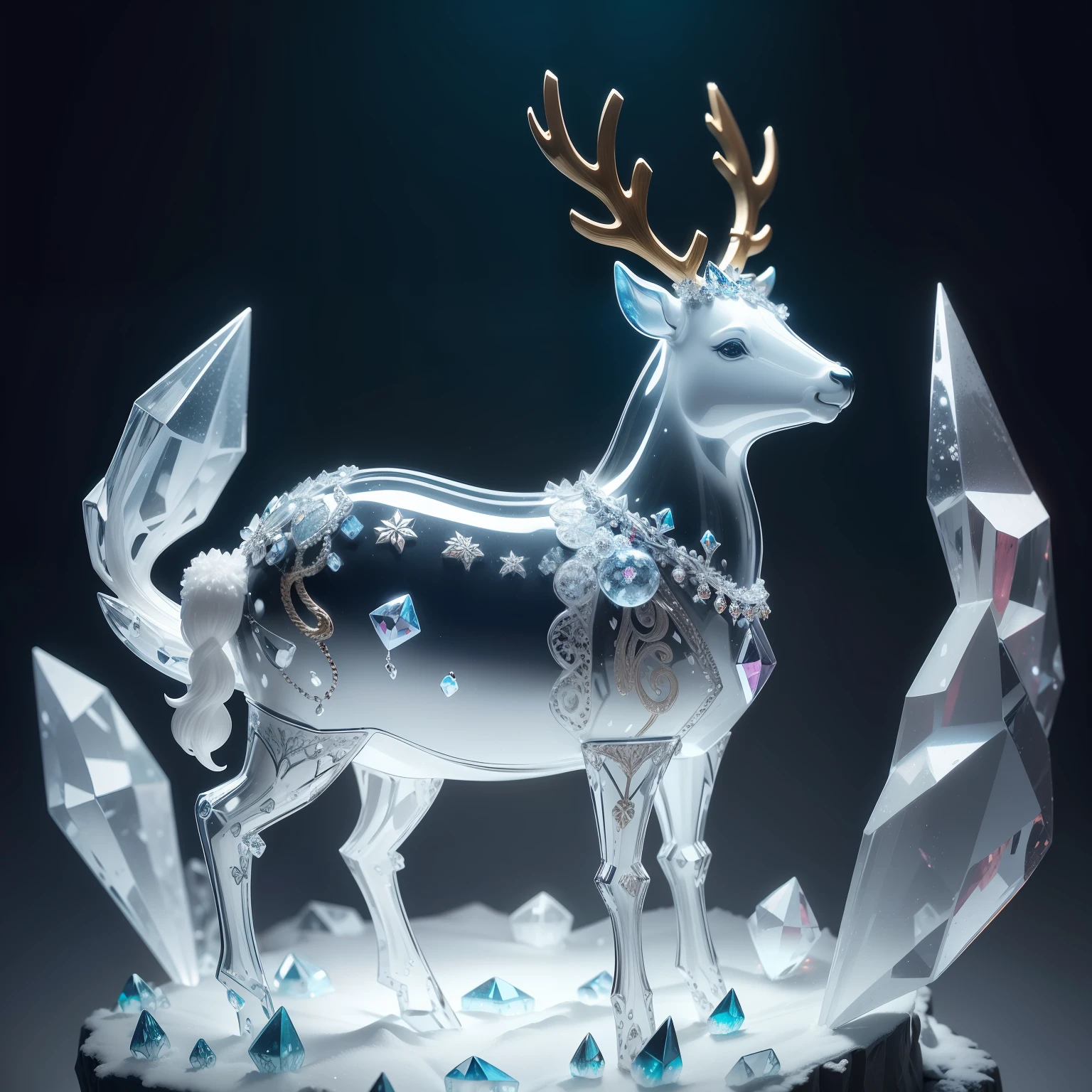 Reindeer figurine, Hyper-realistic, Intricate crystal jelly, ornate, Extremely detailed and realistic, 🦑 design, acrylic, Made of transparent plastic, full body close-up shot, side glance, intricate details, Beautiful, Detailed snapshot, Close-up view of the profile, Detailed, hoarfrost