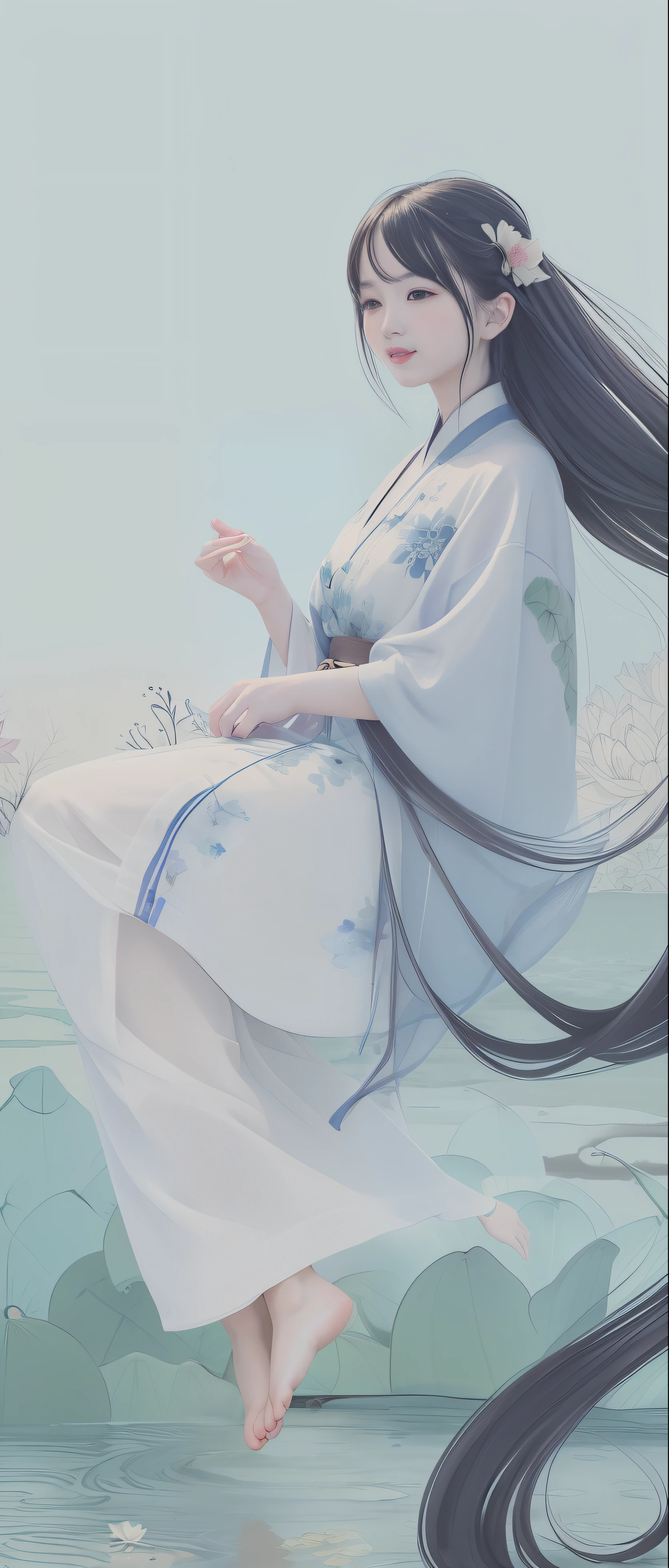 ((4k,tmasterpiece,Best Picture Quality)), Ink brushwork,Chinese painting style,Lotus flowers bloom,Beautiful view of Hanfu,Charming maxiskit,1 girl dressed conservatively,Put your feet in clear water,Smile gracefully,Long blue hair fluttering in the wind。