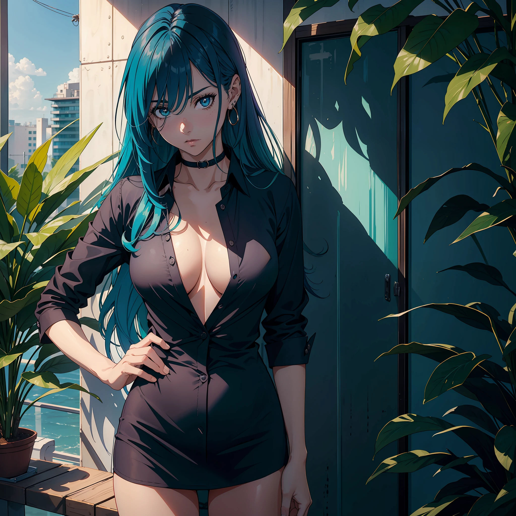 "(1 mulher bonita), sedutora, cabelo azul, olhos verde, camisa branca transparente, (Estilo anime 8k), (imagem ultra detalhada), quarto de hotel, (corpo meticulosamente detalhada, with amazing textures and shadows)"