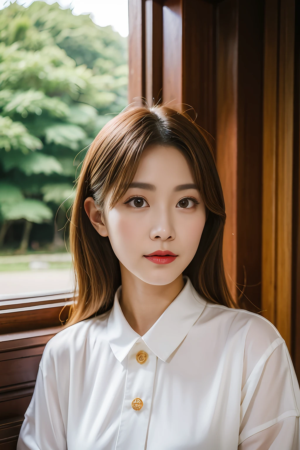 ancient buildings of China，In an old building, a woman posing for a picture, lalisa manobal,sakimichan, Portrait shooting, Anime girl in real life, Soft portrait shot 8 K, A detailed eye，Natural hair，Noble，urbane，Good temperament，