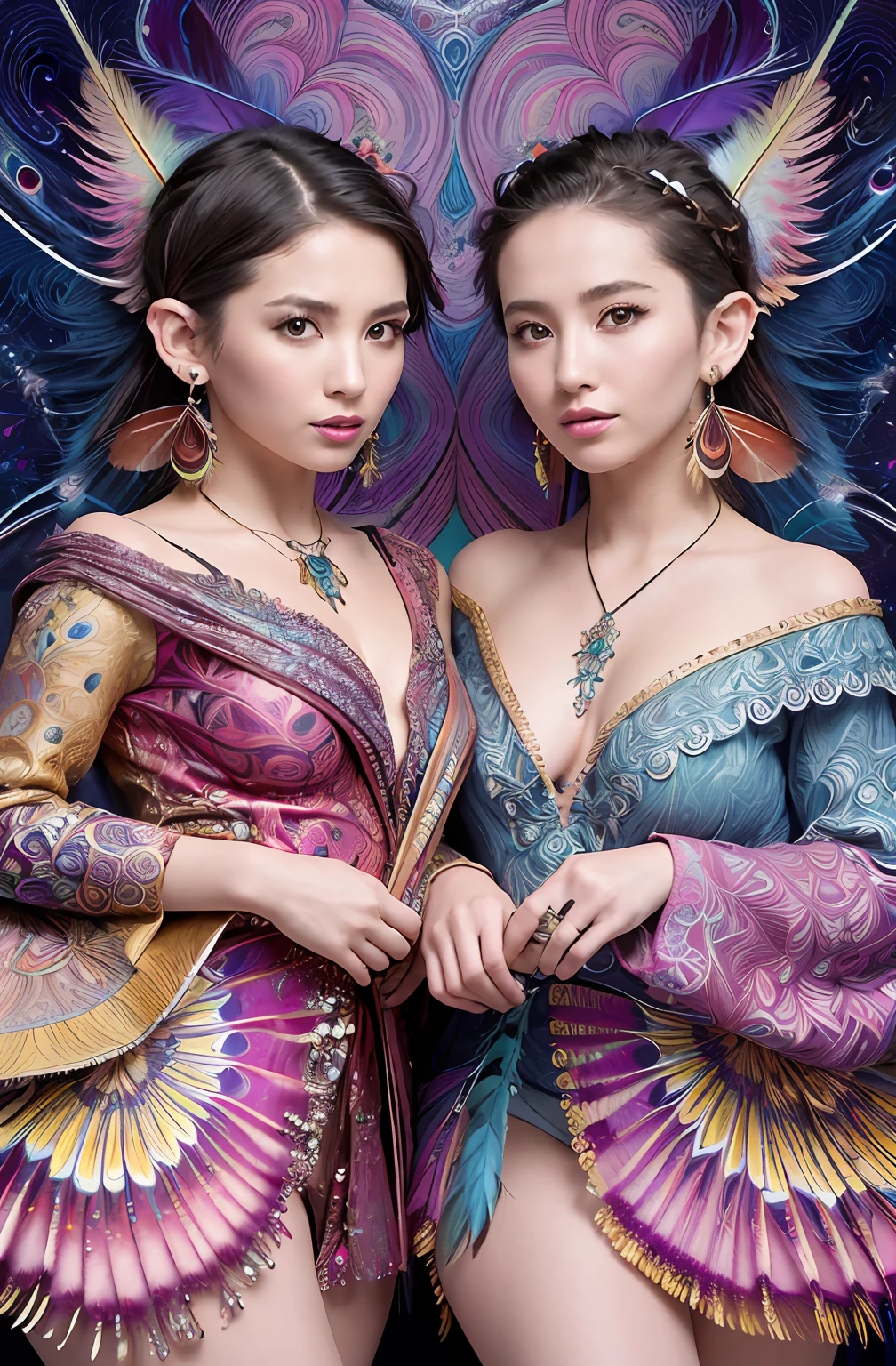 masterpiece, top quality, best quality, official art, beautiful and aesthetic:1.2), (2girls:1.3), extremely detailed,(fractal art:1.1),(colorful:1.1)(flowers:1.3),highest detailed,(zentangle:1.2), (dynamic pose), (abstract background:1.3), (shiny skin), (many colors:1.4), ,(earrings:1.4), (feathers:1.4), (pixie hair cut:1.4), (dark blue hair)