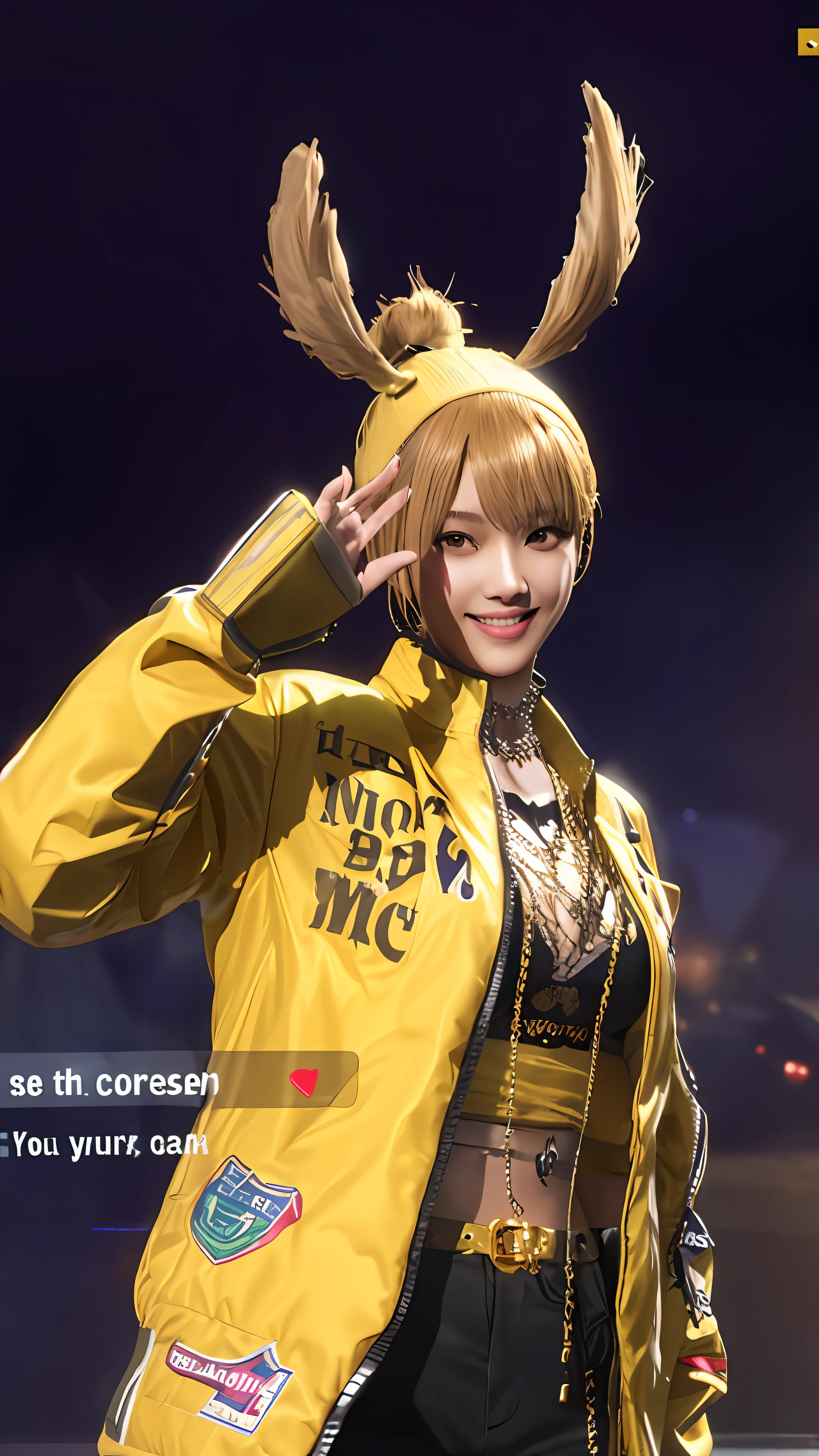 a close up of a person in a yellow jacket and a black top, fashion gameplay screenshot, realistic, ultra detail, smile cute face