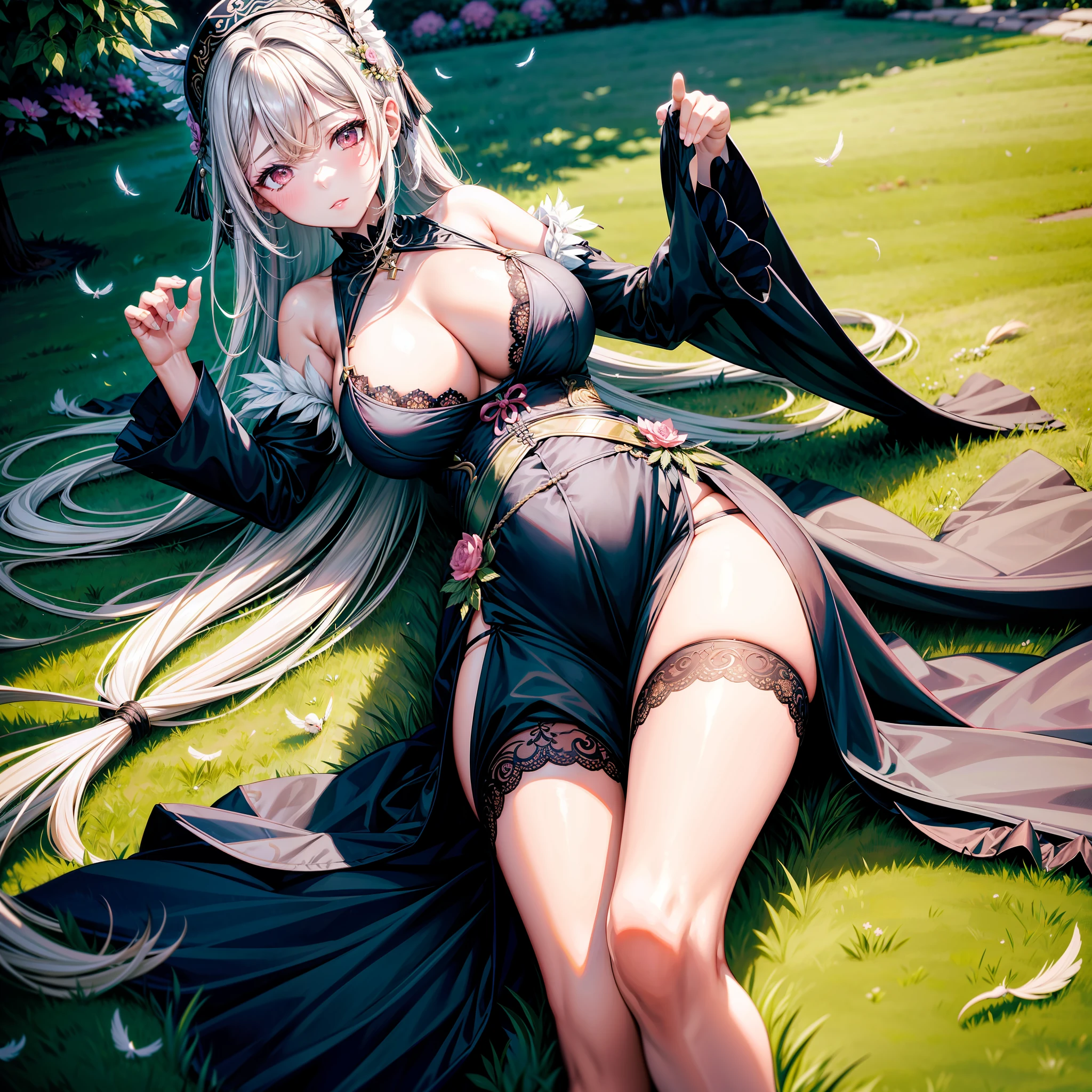 1girll，独奏，on the garden，lying on the grass ground，cabelos preto e longos，feathered headdress，Black dress，black lence stockings，Lori huge breasts cleavage，Full thighs，Childlike big breasts，Pink eyes，A coquettish expression，Bare feet，Full body photo