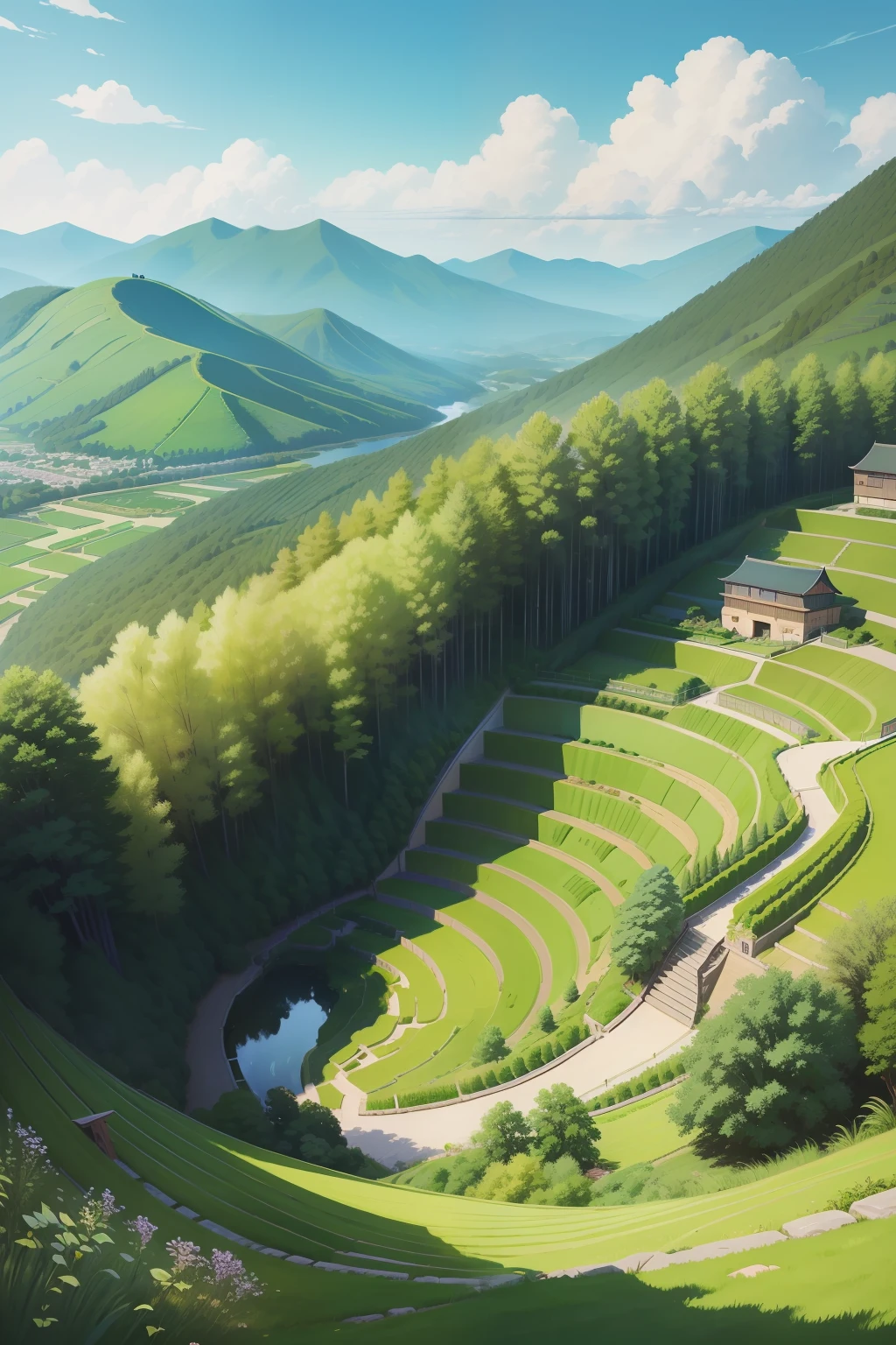 illustratio，Bright green tones in spring，mont，​​clouds，Eau，terraced，yamamura，willowy，bamboos，grassy，peach blossom，Paul Catherine，wide angles，hyper-detailing，16K，best qualtiy