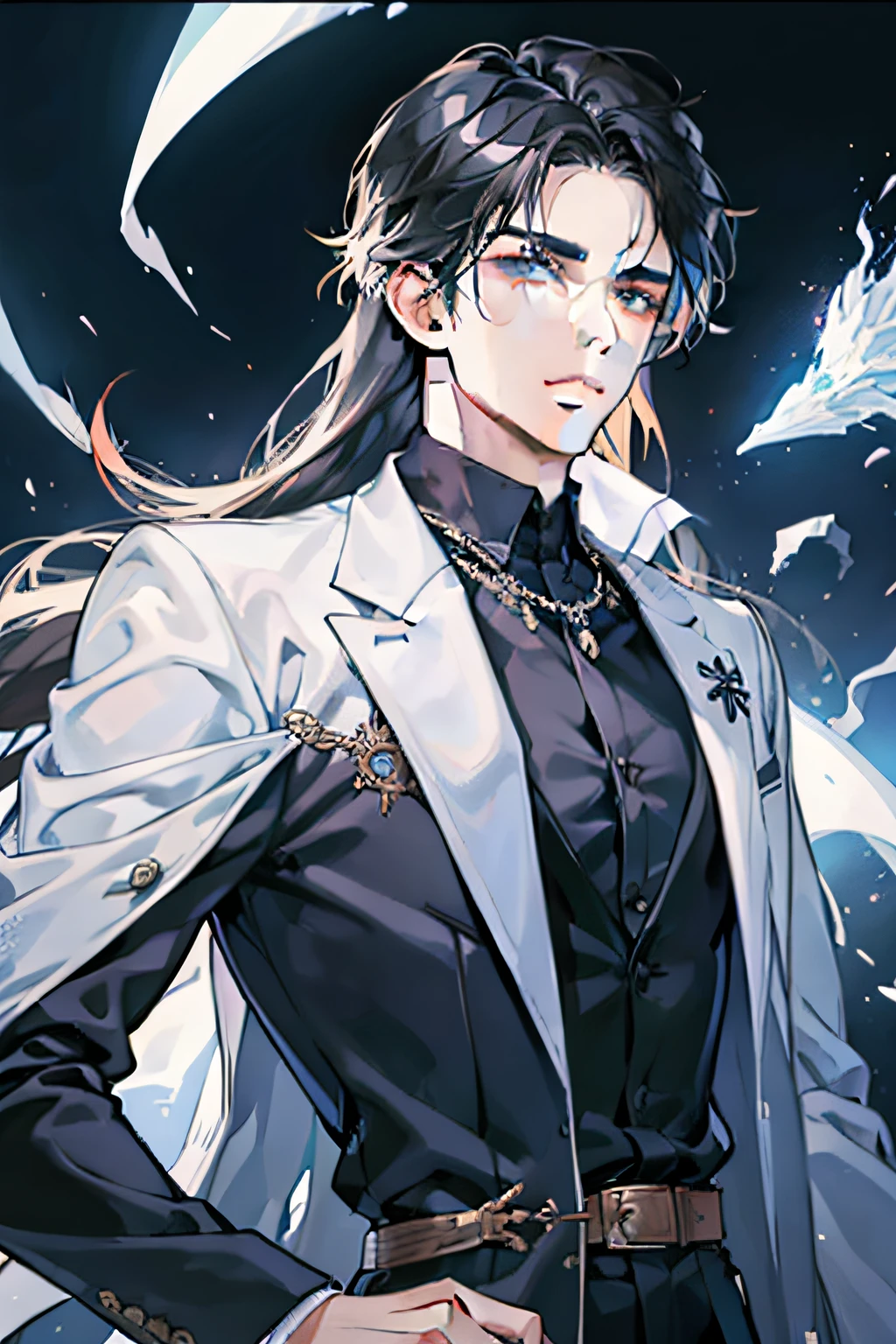 Young Man, Delicate facial expression,Handsome face, Mysterious eye expressions,Cool,Seriously,,Coolness,Ice magic,long hair, Black suit