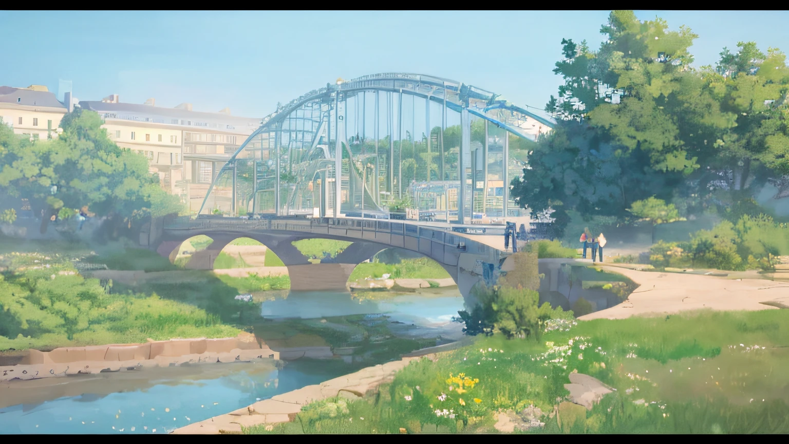((High quality)), ((Masterpiece)), There are several people on the bridge in the anime world, ( ( Makoto Shinkai ) ), makoto shinkai movie, Makoto Shinkai. —h 2160, Shinkai sincerely, in the style of makoto shinkai, Makoto Shinkai!!, Makoto Shinkai's style, Makoto Shinkai!