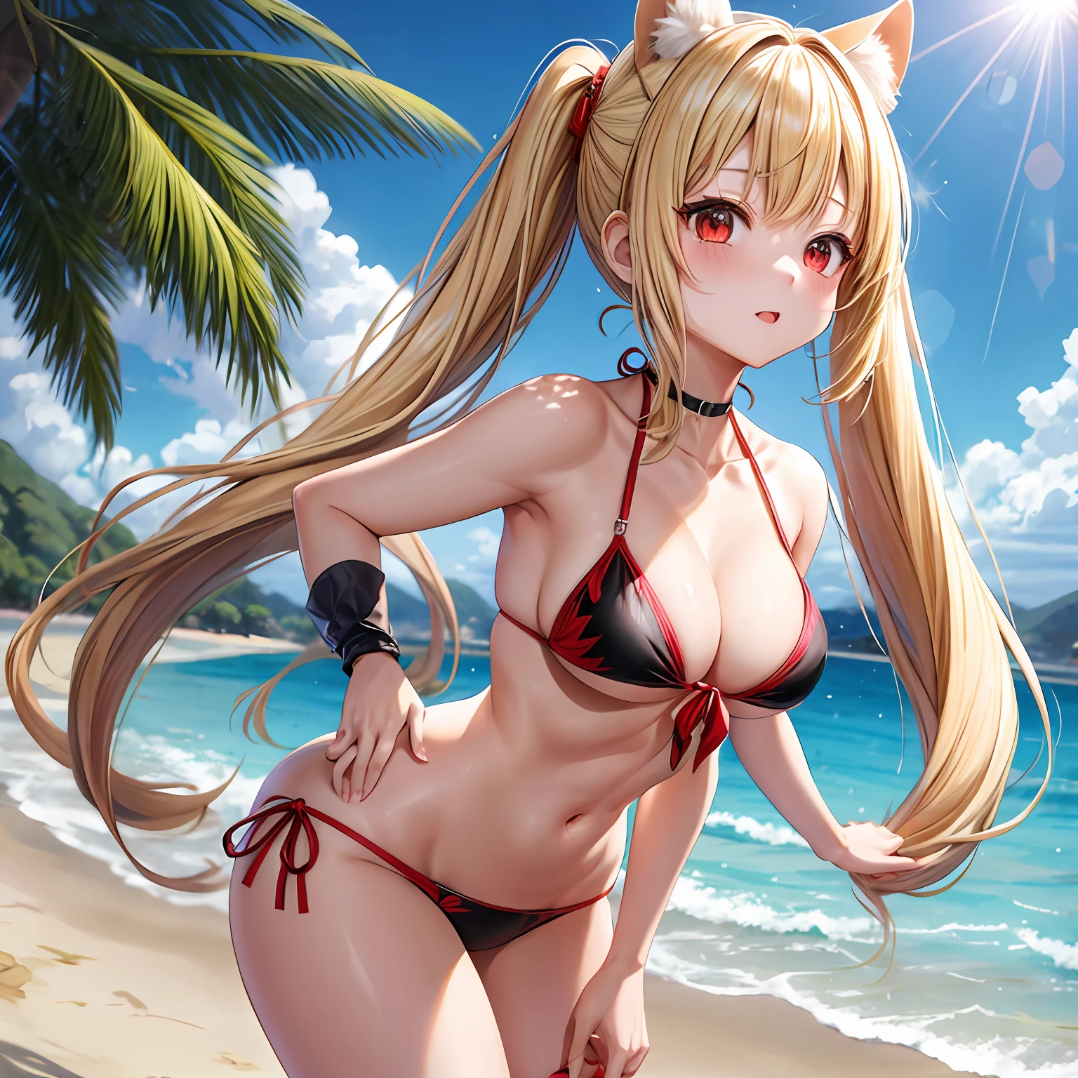 blonde hair、poneyTail、red eyes、One pretty girl、独奏、animesque、The bikini、gravure、