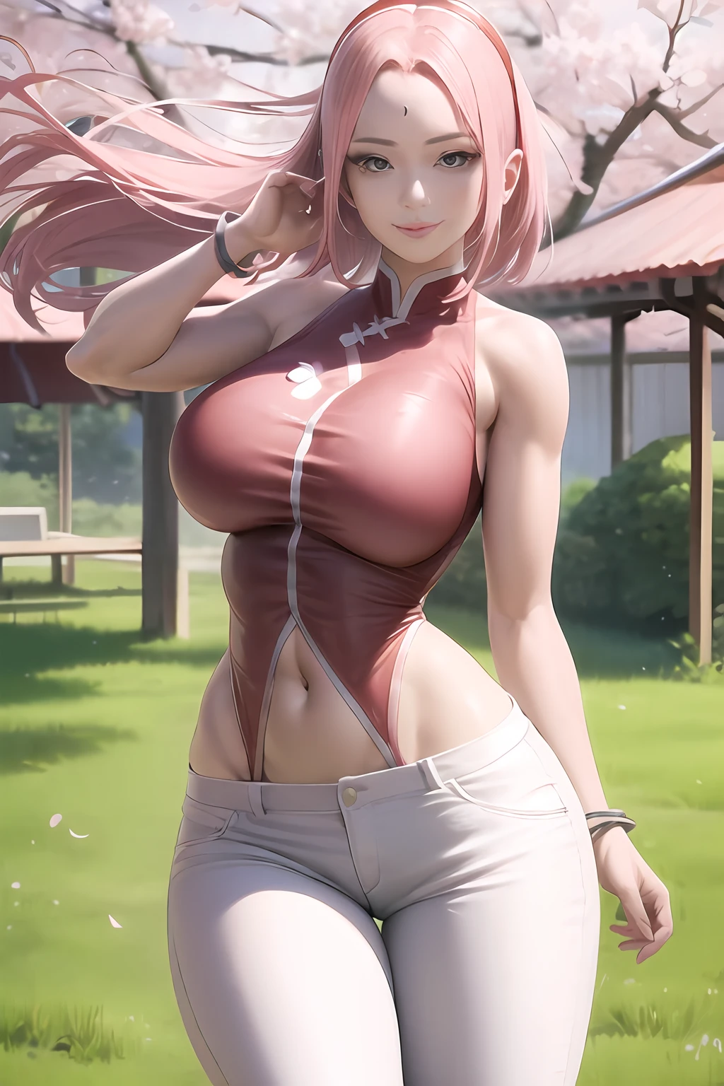 Realistic, Photorealistic,cowboy shot,masterpiece, absurdres ,1girl, haruno sakura, forehead mark, red hairband, red sleeveless dress, white pants, navel, groin, bracelet, looking at viewer, smile, cherry blossoms, private garden, wind, floating hair, large breast ,(((wide hips))), toned body, detailed eyes,