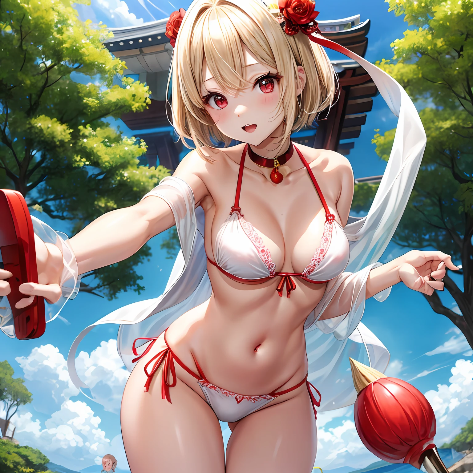 short blond hair、red eyes、One pretty girl、独奏、animesque、a white bikini、gravure、