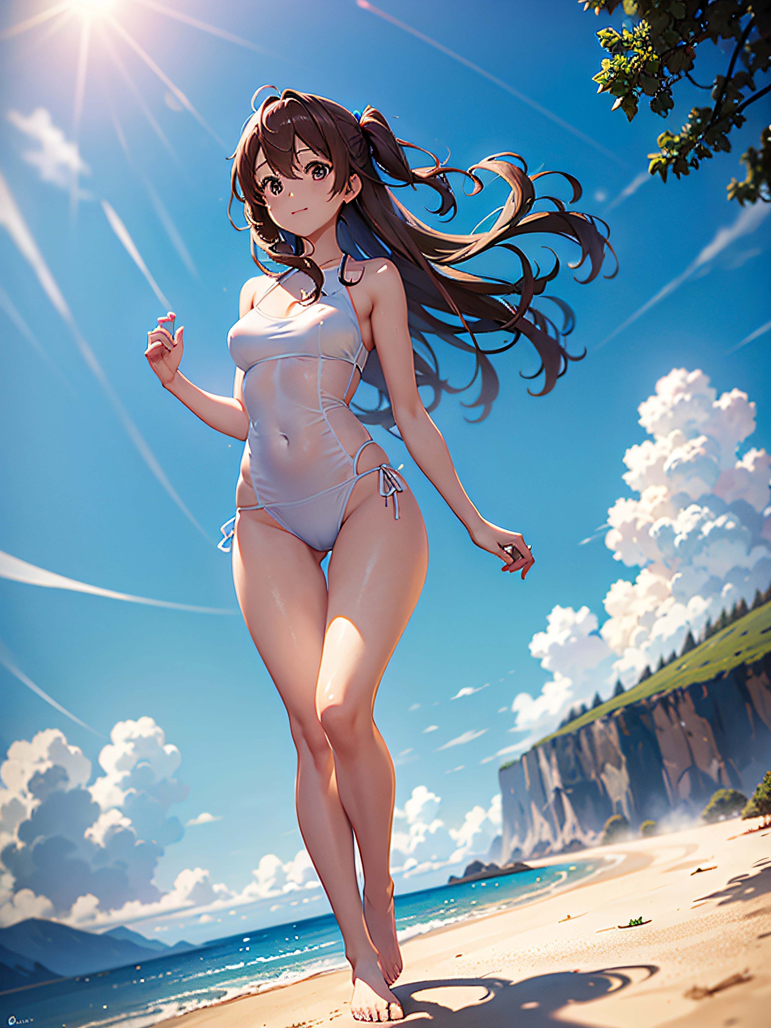 Vista de cuerpo entero, anime profesional, anime (ufotable),22-year-old woman is happy and walking in a field with white and bluish flowers, cara simetrica muy hermosa, ojos cafes, medium brown hair,la luz del sol da de frente mostrando su estupenda figura, Dress comfortably and loosely, Detalles intrincados, Professional 50mm camera