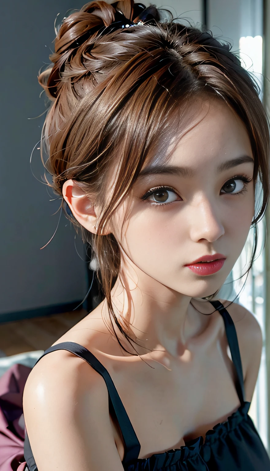 (Raw photography、top-quality)、(realisitic、Photorealsitic:1.3)、top-quality、​masterpiece、extremely delicate and beautiful、A highly detailed、nffsw、A sense of unity、2k wallpaper、magnifica、Beautiful in every detail、​masterpiece、浅笑、top-quality、Highly detailed ticker Unity 8K wallpapers、huge filesize、ultra-detailliert、hight resolution、ighly detailed、Female 1 Person、Slim body、D-cups、(Black Leotard Top:0.7)、(Pink skirt:1.2)、(Bun hair)、(brown haired)、Look at the front、Sharp Focus、Face Close-up、pureerosface_v1:0.8 Short Hair、Instagram、Viewer's Perspective、selfee