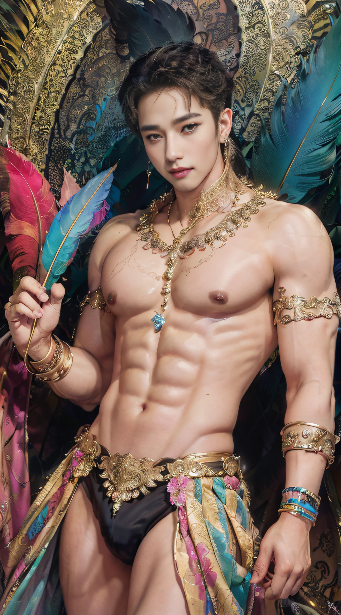 A young man, big chest muscles, showing abs, black hair, smile, exposed thighs, thong, colored feathers, metal ornaments, colorful flowers, particles, light, (masterpiece, top quality, best quality, official art, beautiful and aesthetic:1.2), (1man:1.3), extremely detailed, (fractal art:1.1),(colorful:1.1)(flowers:1.3),highest detailed,(zentangle:1.2), (dynamic pose), (abstract background:1.3), (shiny skin), (many colors:1.4), ,(earrings:1.4), (feathers:1.4)