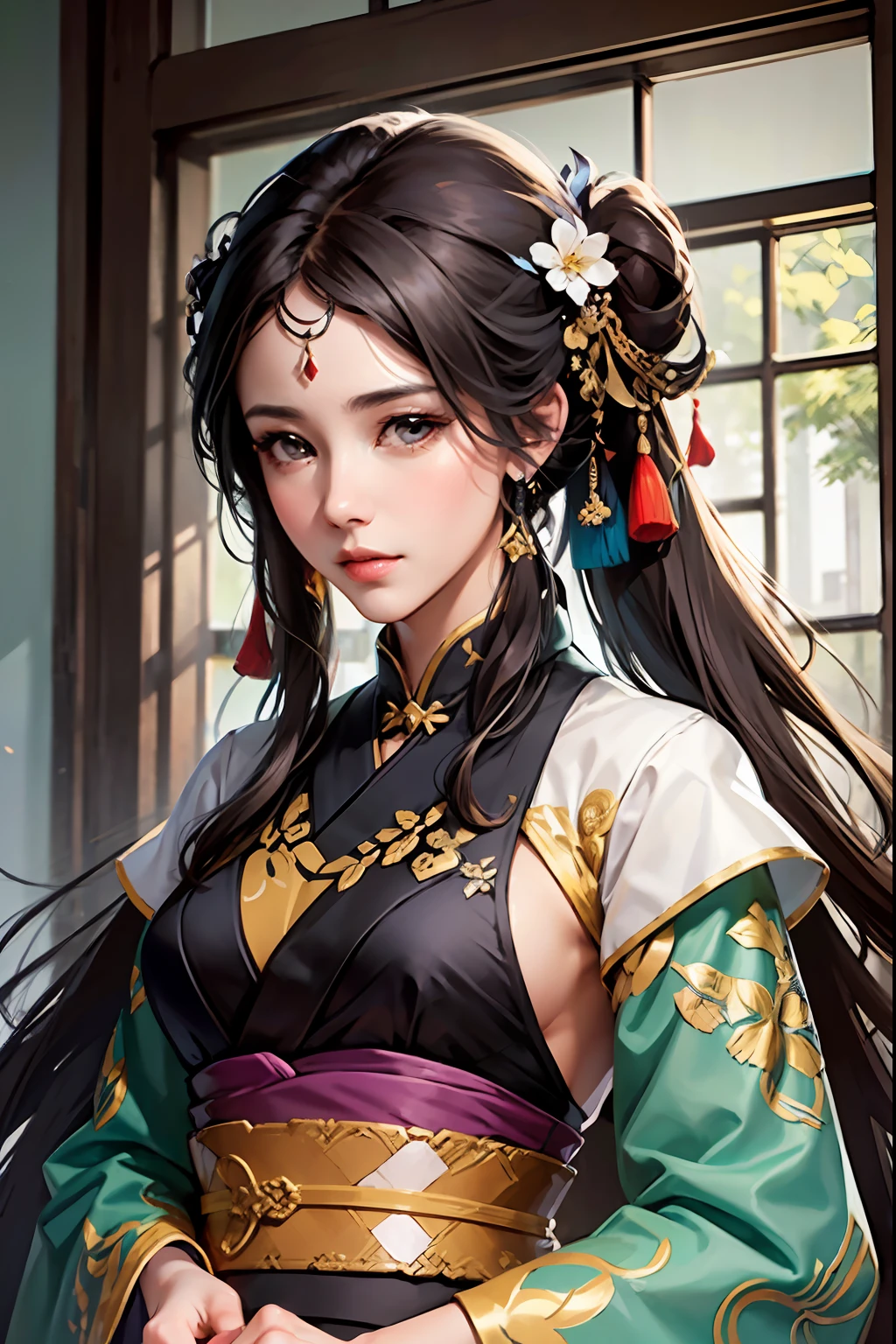 Warring States period,2 female generals, very beautiful face, high dynamic angle, 8K, very delicate, very dense, vivid color, dynamic wallpaper Japan kimono and Chinese Hanfu MIX, beautiful black hair,