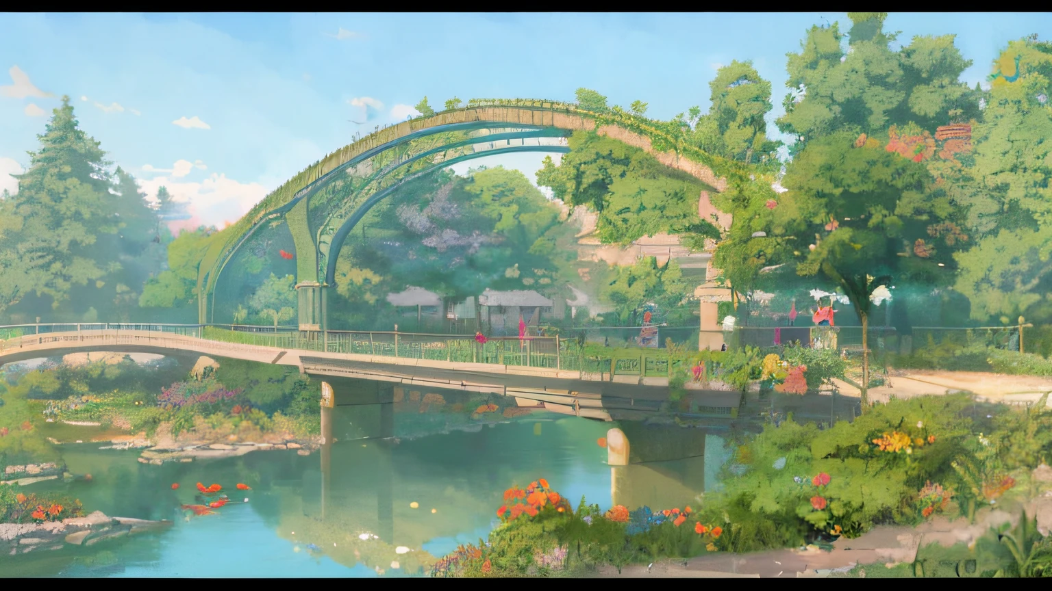 （tmasterpiece，best qualtiy）， intricately details， 8k， artstation， the wallpaper， offcial art， splashart， tack sharp focus， There are several people on the bridge in the anime world, ( ( Makoto Shinkai ) ), makoto shinkai movie, Makoto Shinkai. —h 2160, Shinkai sincerely, in the style of makoto shinkai, Makoto Shinkai!!, Makoto Shinkai's style, Makoto Shinkai!