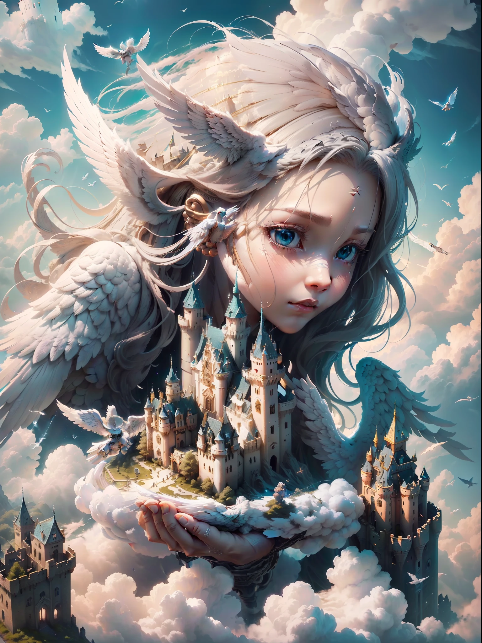 top-quality、Top image quality、ultra-detailliert、Fine details、8k,4k,(White-winged angel flying in the sky holding a small castle:1.5)、(Angel with a small castle in the palm of his hand:1.1)、Close up of hands、Fantastical,a bird、on clouds、flying though the air
