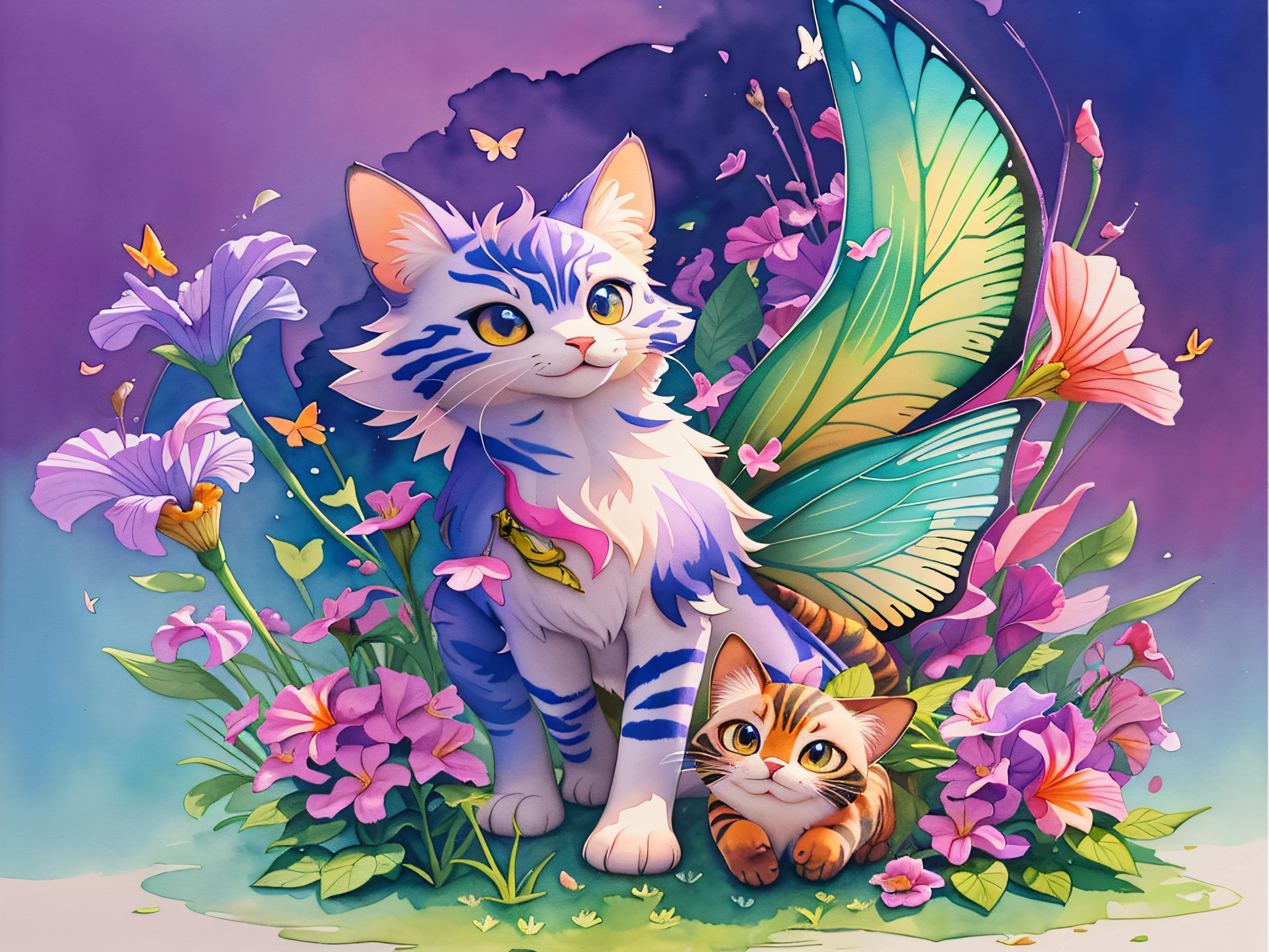 ( Watercolor \(Medium\), Iris: 1.2), Catch Butterfly, Front View of Male Cat, Full Body, Facial Focus, Abstract Background, Fantasy, Multiple Colors, Colorful, Petals, Wind Blowing,