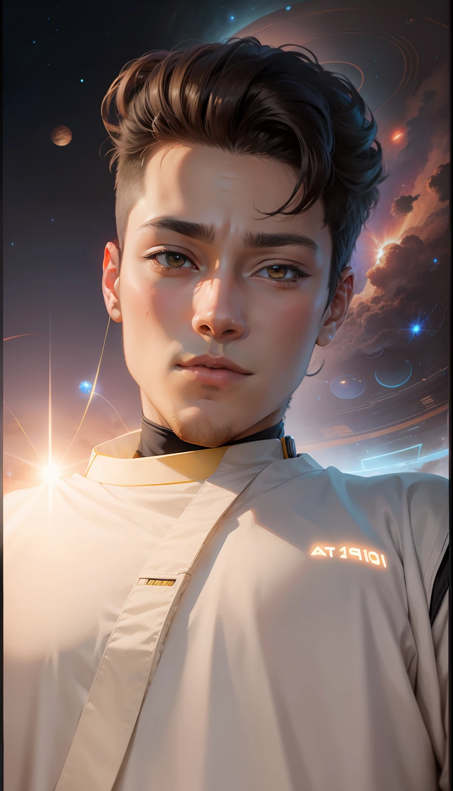 Anime boy, anime face, in the universe, scifi background, solar system, scifi art