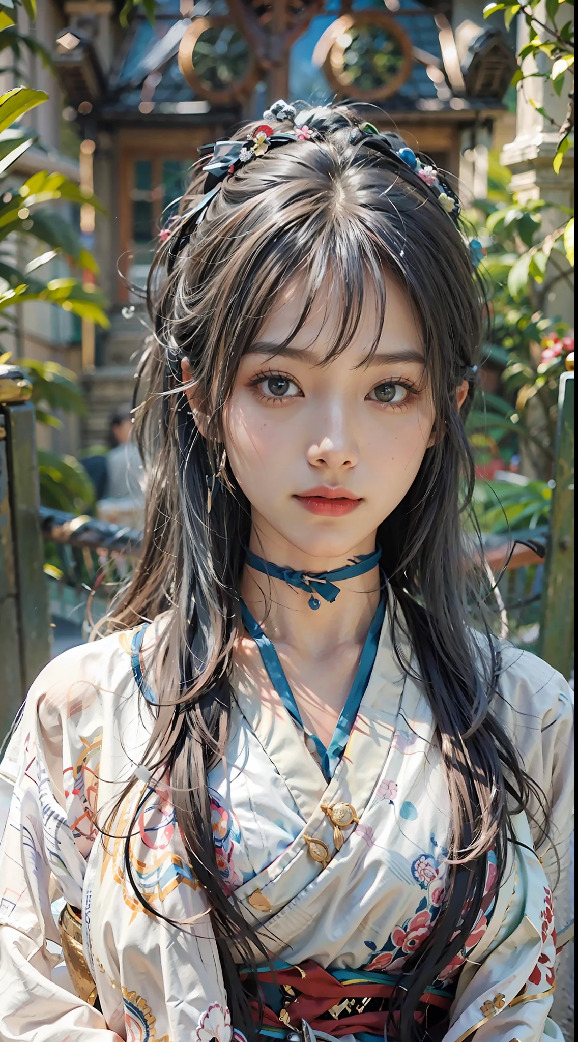 ulzang-6500-v1.1,(RAW photo:1.2), (Photorealistic:1.4), Beautiful Meticulous Girl, very detailed eyes and faces, Beautiful detailed eyes,  hugefilesize, ultra - detailed, A high resolution, The is very detailed，（（gigantic cleavage breasts，Yang beyond，））， （chiseled abs：1.1），（perfect bodies：1.1），（long whitr hair：1.2），（Silvery hair），Lace collar，full body shot shot，（（wearing a hanfu，White Hanfu，Lilac pattern）），（（Cardigan Hanfu）），（Very detailed CG 8k wallpaper），（Extremely refined and beautiful），（tmasterpiece），（best qualtiy：1.0），（超A high resolution：1.0），beautiful illumination，perfect lightning bolt，realistic shaded，[A high resolution]，Detailed skins， Hyper-detailing（（（a color））），high realistic