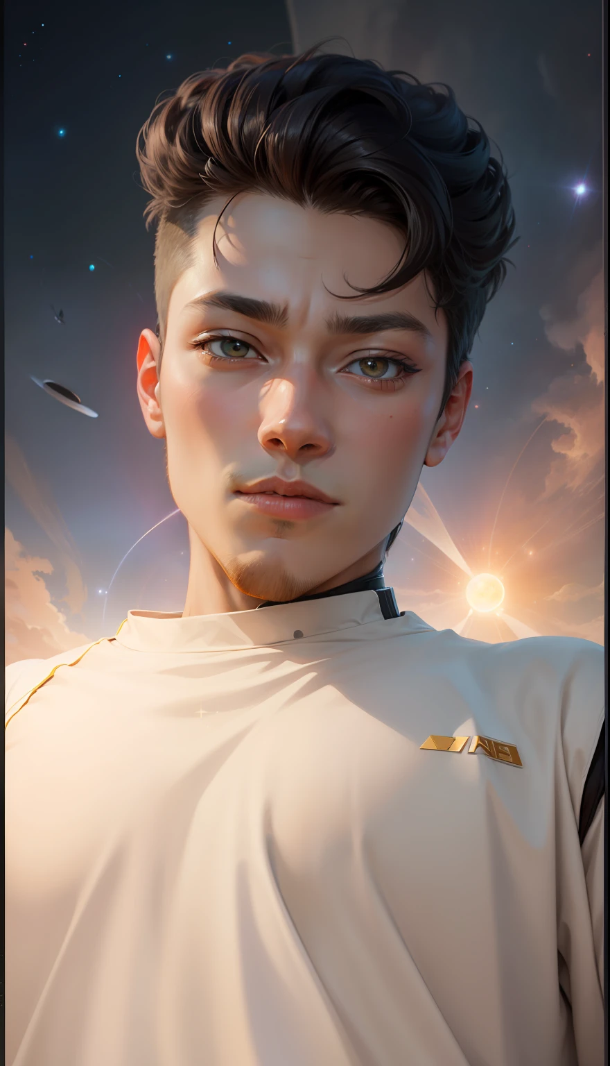 Anime boy, anime face, in the universe, scifi background, solar system, scifi art