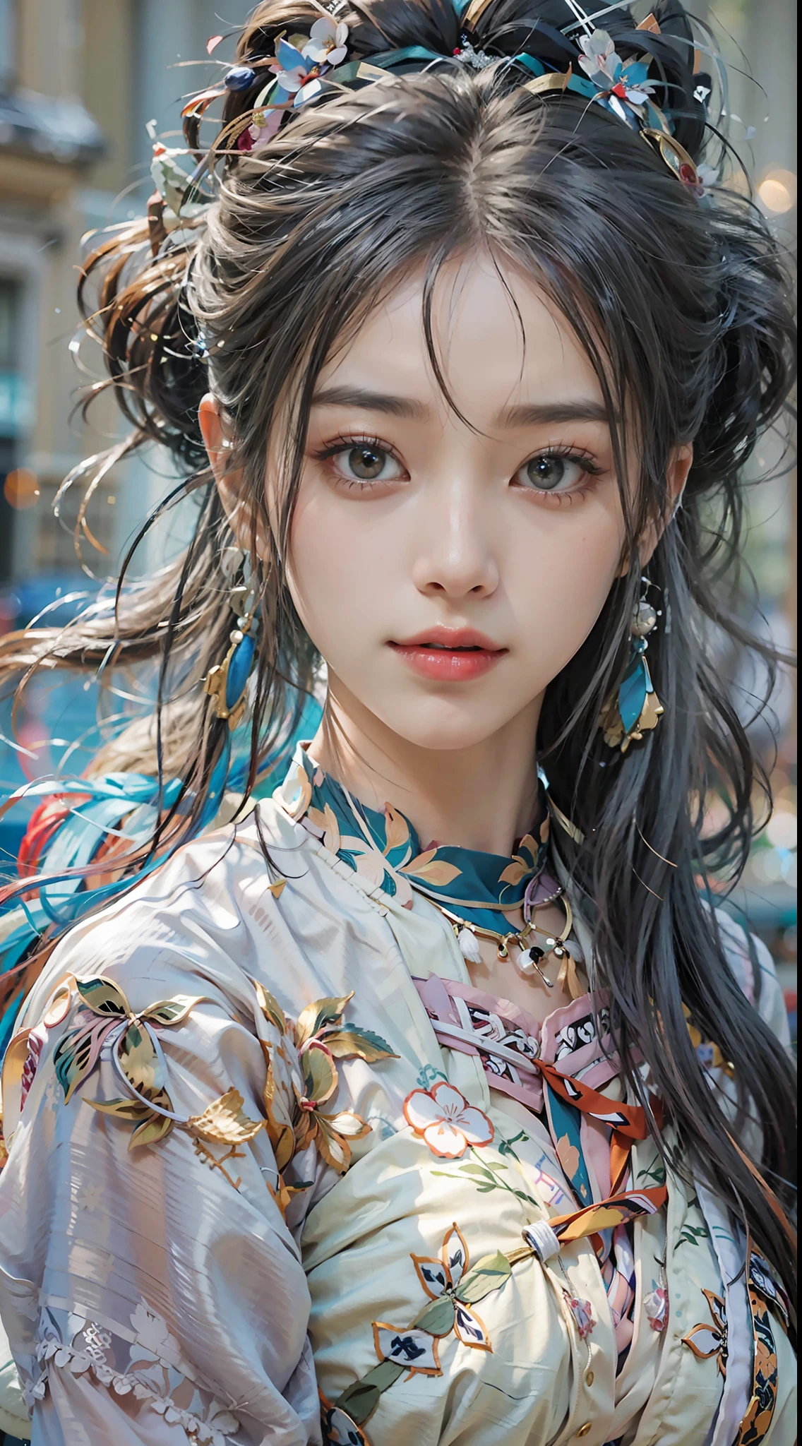 ulzang-6500-v1.1,(RAW photo:1.2), (Photorealistic:1.4), Beautiful Meticulous Girl, very detailed eyes and faces, Beautiful detailed eyes,  hugefilesize, ultra - detailed, A high resolution, The is very detailed，（（gigantic cleavage breasts，Yang beyond，））， （chiseled abs：1.1），（perfect bodies：1.1），（long whitr hair：1.2），（Silvery hair），Lace collar，full body shot shot，（（wearing a hanfu，White Hanfu，Lilac pattern）），（（Cardigan Hanfu）），（Very detailed CG 8k wallpaper），（Extremely refined and beautiful），（tmasterpiece），（best qualtiy：1.0），（超A high resolution：1.0），beautiful illumination，perfect lightning bolt，realistic shaded，[A high resolution]，Detailed skins， Hyper-detailing（（（a color））），high realistic