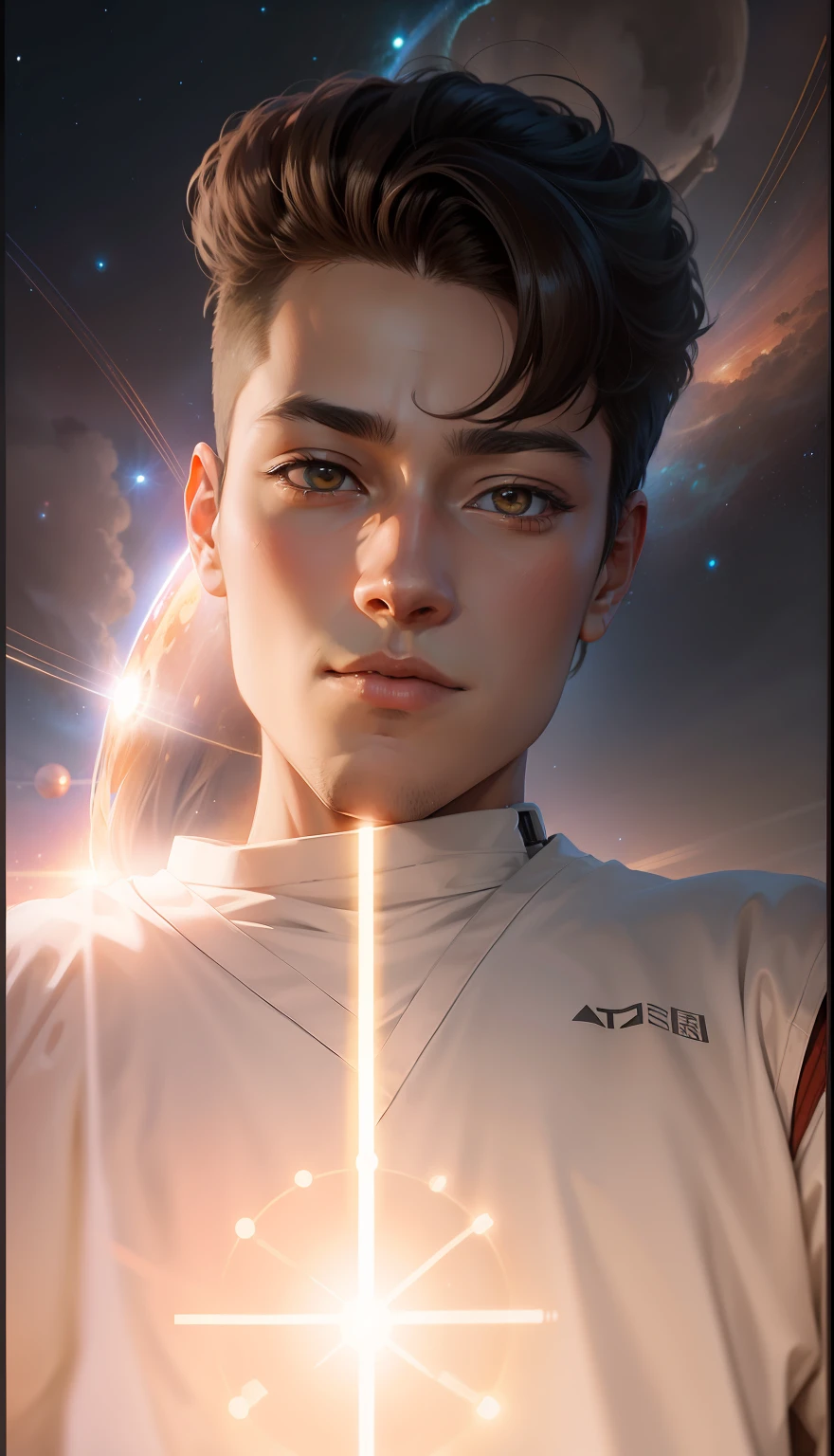 Anime boy, anime face, in the universe, scifi background, solar system, scifi art