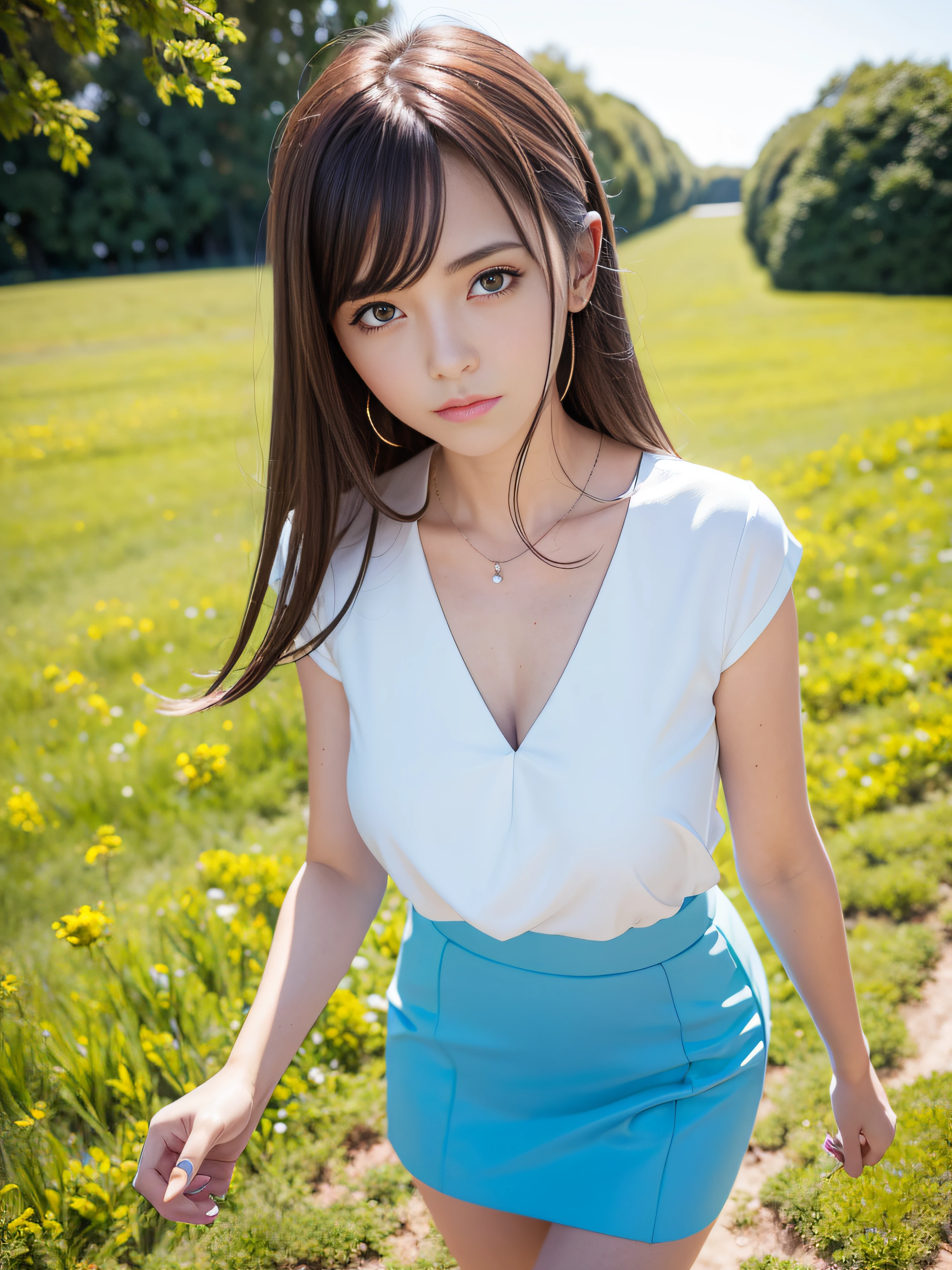 Vista de cuerpo entero, anime profesional, anime (ufotable),22-year-old woman content walking in a field with white and bluish flowers, cara simetrica muy hermosa, ojos cafes, medium brown hair,la luz del sol da de frente mostrando su estupenda figura, Dress and low-cut white blouse and blue skirt, Detalles intrincados, Professional 50mm camera