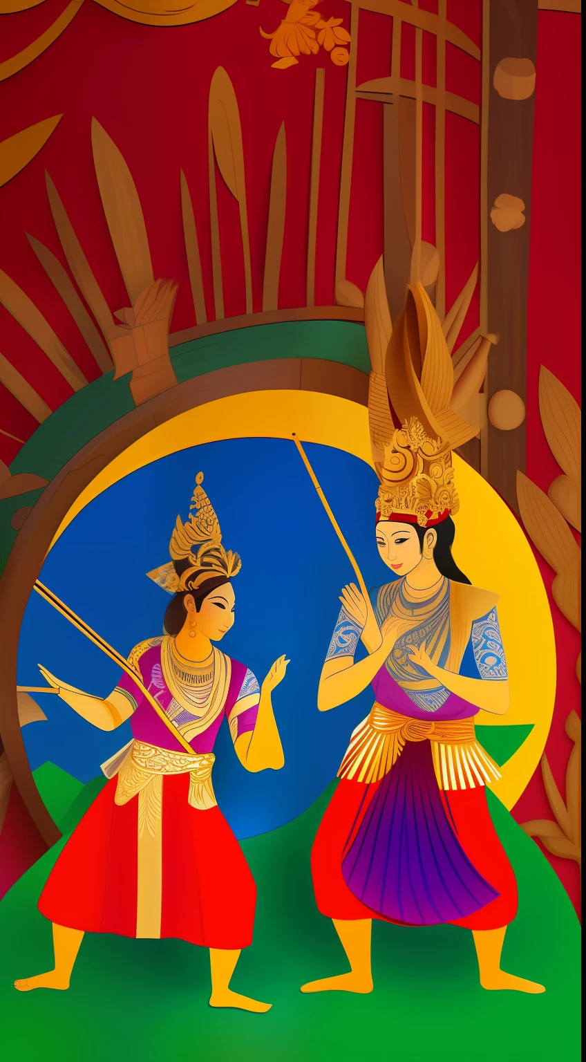 Dancing Gamelan with Gamelan costumes, Indonesia, marimba play, in Bali island forest, fine weather, blue sky, shiny sun, marimba in spite of gamelan instruments, with gamelan mallets, 2 dancers in front of the marimba, symmetry, horizontal canvas, drawing-like style