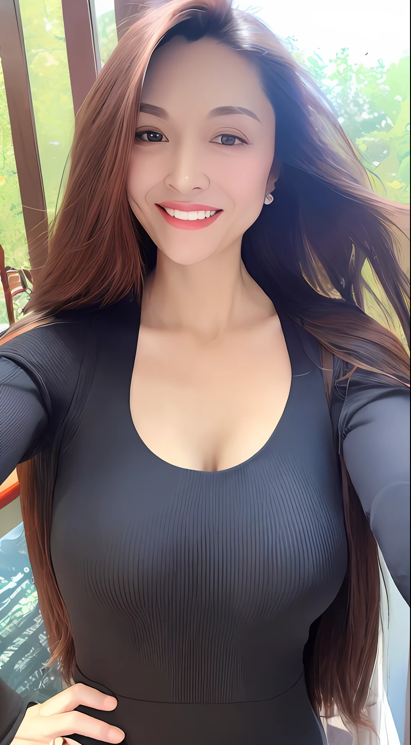 1 girl, young handsome lady,(ultra-detailed background, detailed background), half body shot, upper body, Thigh, dynamic angle, dynamic pose, (looking at viewer:1.5), straightteeth,big smile, (dress clothes:1.1), (vibrant colors:0.7), ((large Breasts:1.4)), sfw:1.6,