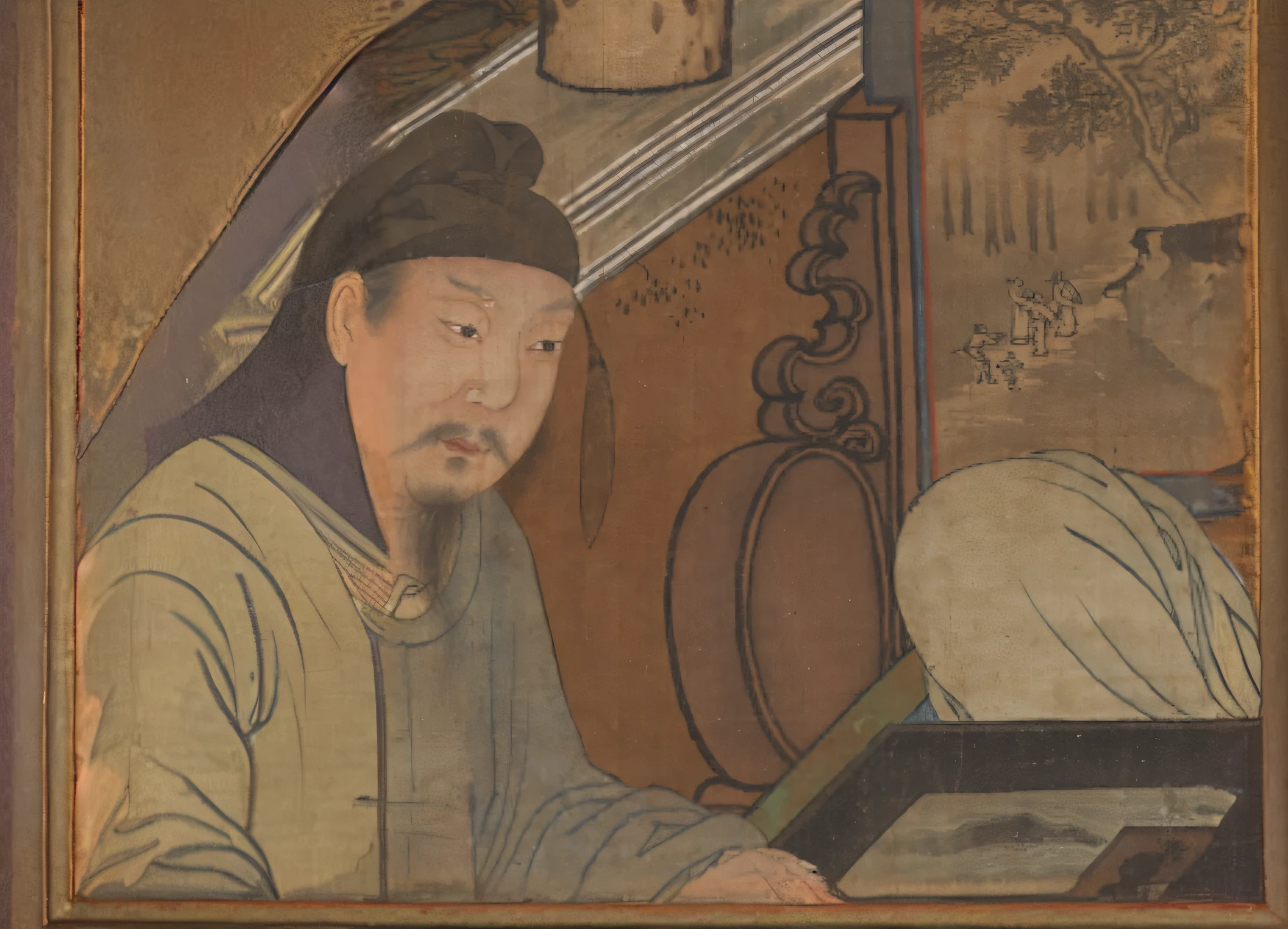 Ancient paintings of the Song Dynasty in China,A man sits at a table holding a book,Silken landscape screen, intricate ink painting detail, unknown artist, inspired by Qian Du, Chinese art, artwork in the style of z.Show on the. gu